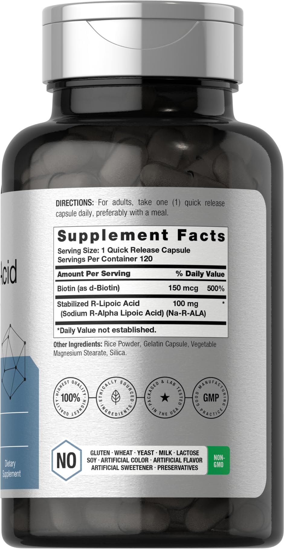R-Lipoic Acid 100 mg | 120 Capsules | with Biotin Optimizer | Non-GMO, Gluten Free HorbäachAu supplements
