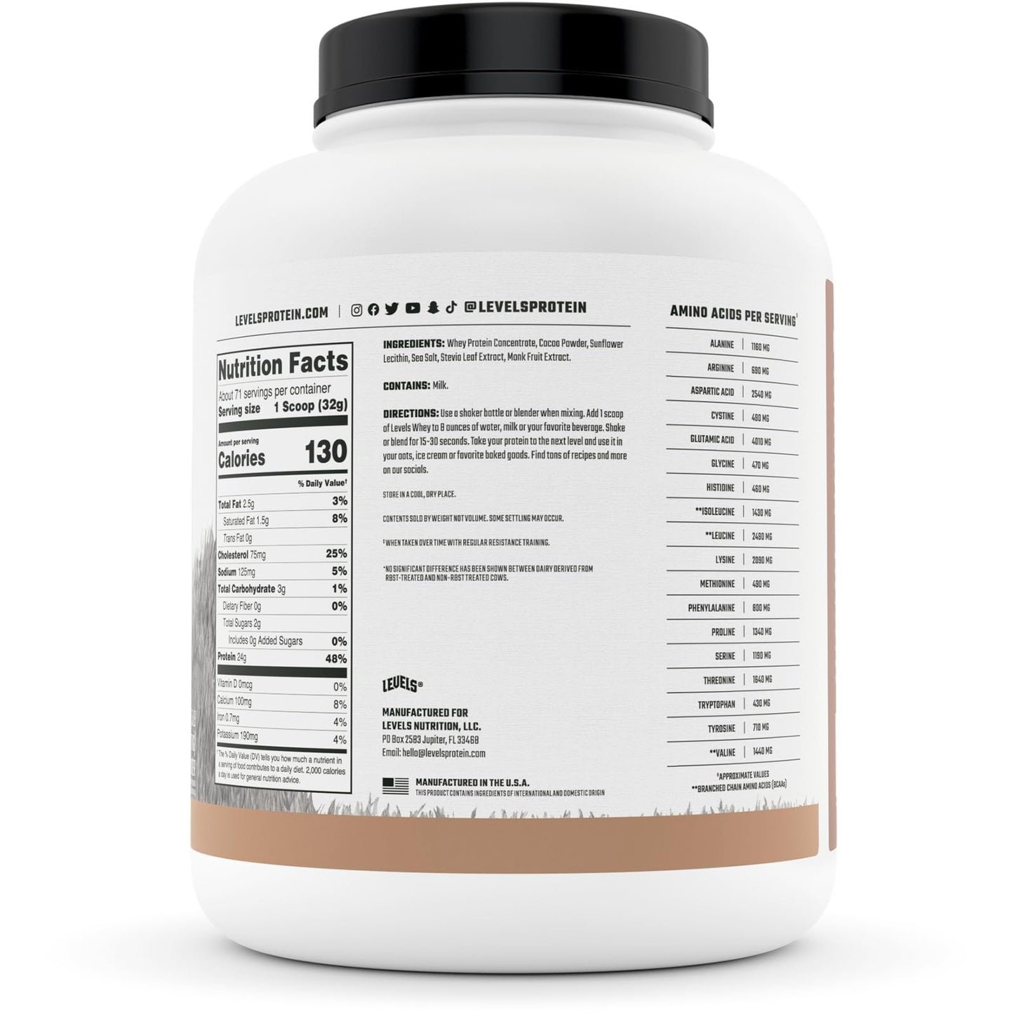 Levels Grass Fed 100% Whey Protein, No Hormones, Pure Chocolate, 5LB Levels NutritionUS supplements