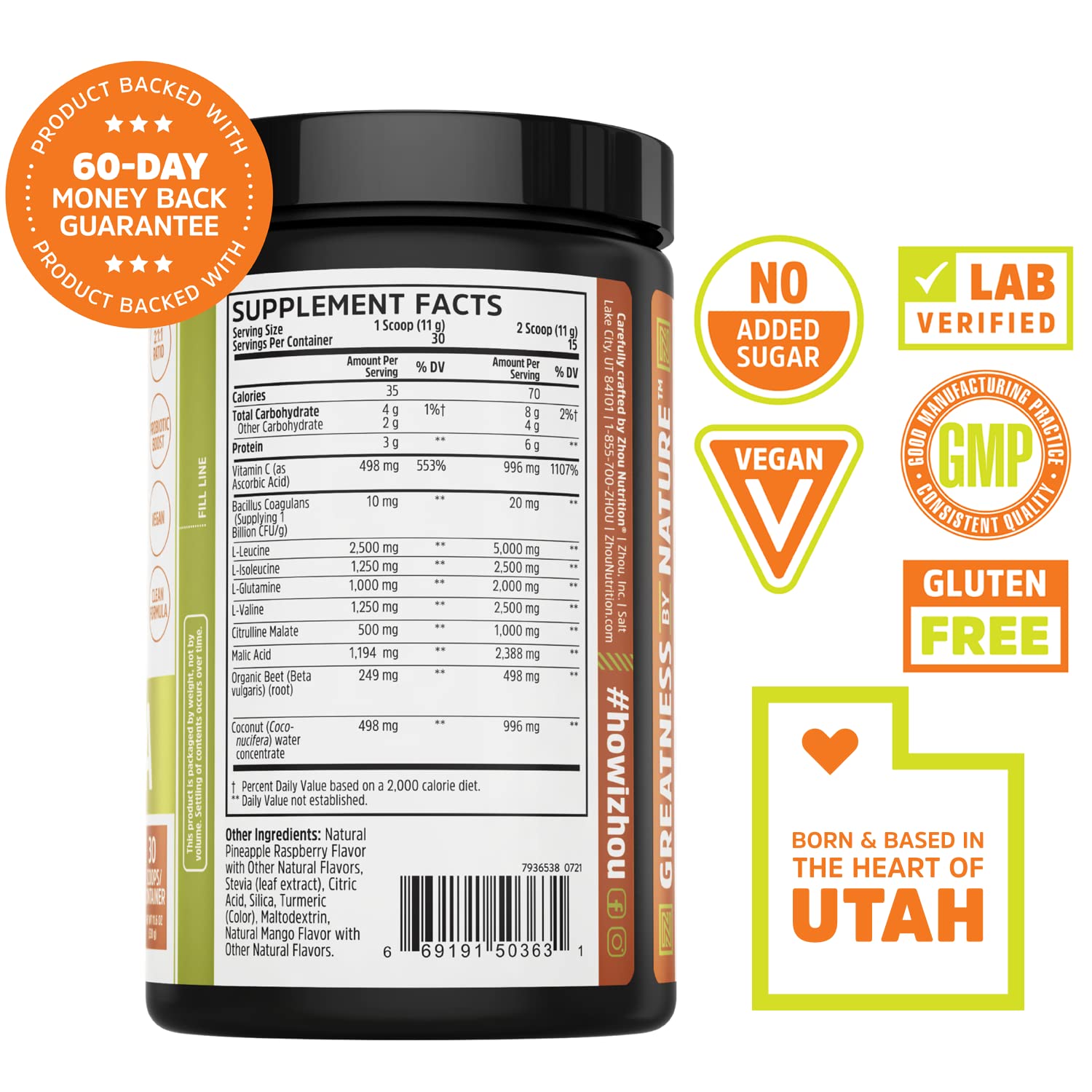 Zhou Nutrition Muscle BCAA Powder, Vegan Muscle Recovery, Natural, Clean Formula Zhou NutritionUS supplements