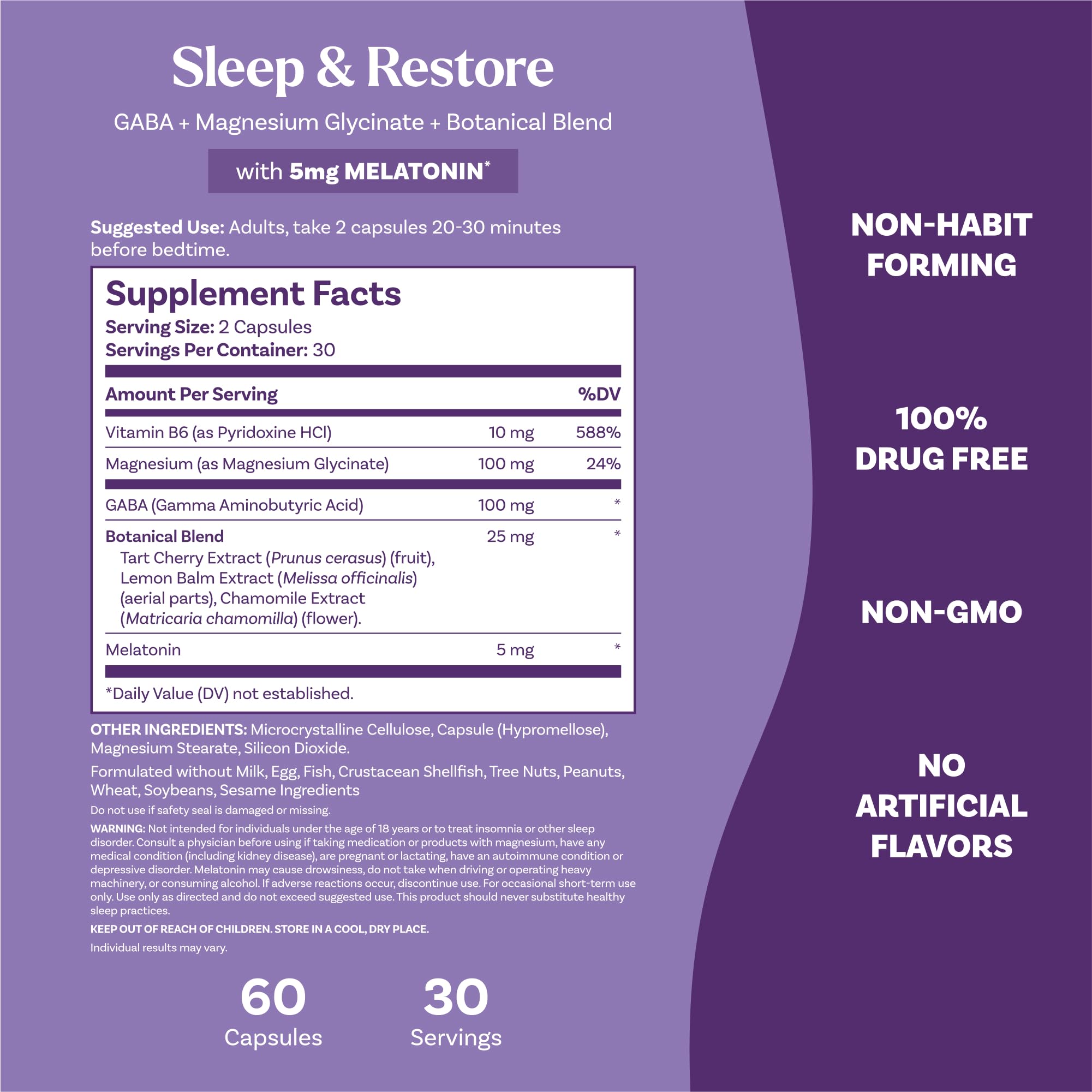 Natrol Sleep & Restore Capsules - Calm Magnesium Glycinate, Magnesium Sleep Aid with GABA, Melatonin 5mg, Botanical Blend, 30 Day Supply NatrolAu supplements