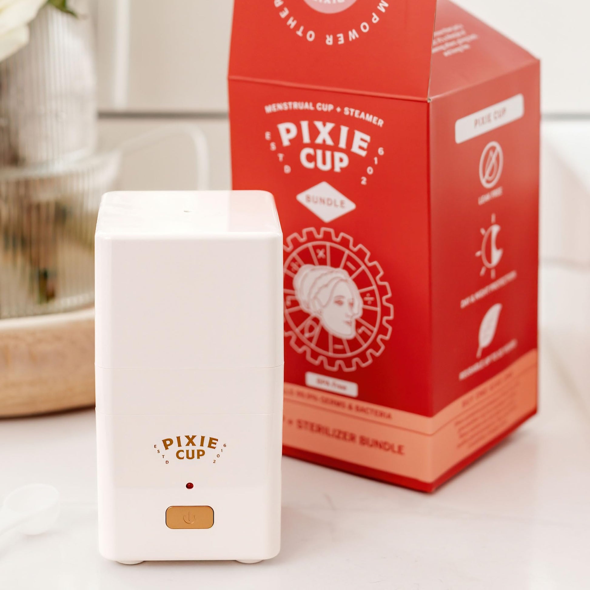 Pixie Menstrual Cup Sterilizer Cleaner Machine - The Only Hinged Lid Steamer & Drying Stand Pixie CupAu supplements