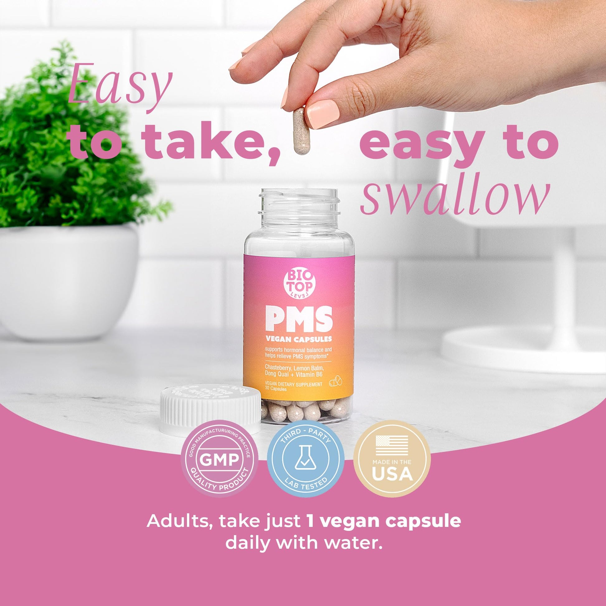 BIOTOPLEVEL PMS Support Supplement for Women & PMS Relief, Hormone Balance & Menstrual Period Relief for Cramps, Bloating & Mood Swings with Chasteberry, Vitamin B6, Lemon Balm, Dong Quai, 30 Count BIOTOPLEVELAu supplements