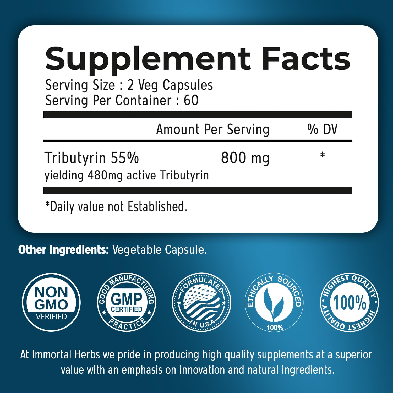 Immortal Herbs Tributyrin Supplement 800mg, Advanced Butyrate Form, 55% Standardized, More Effective Delivery Than Sodium Butyrate, 120 Capsules, Non-GMO & Gluten Free Postbiotic Supplement Immortal HerbsAu supplements