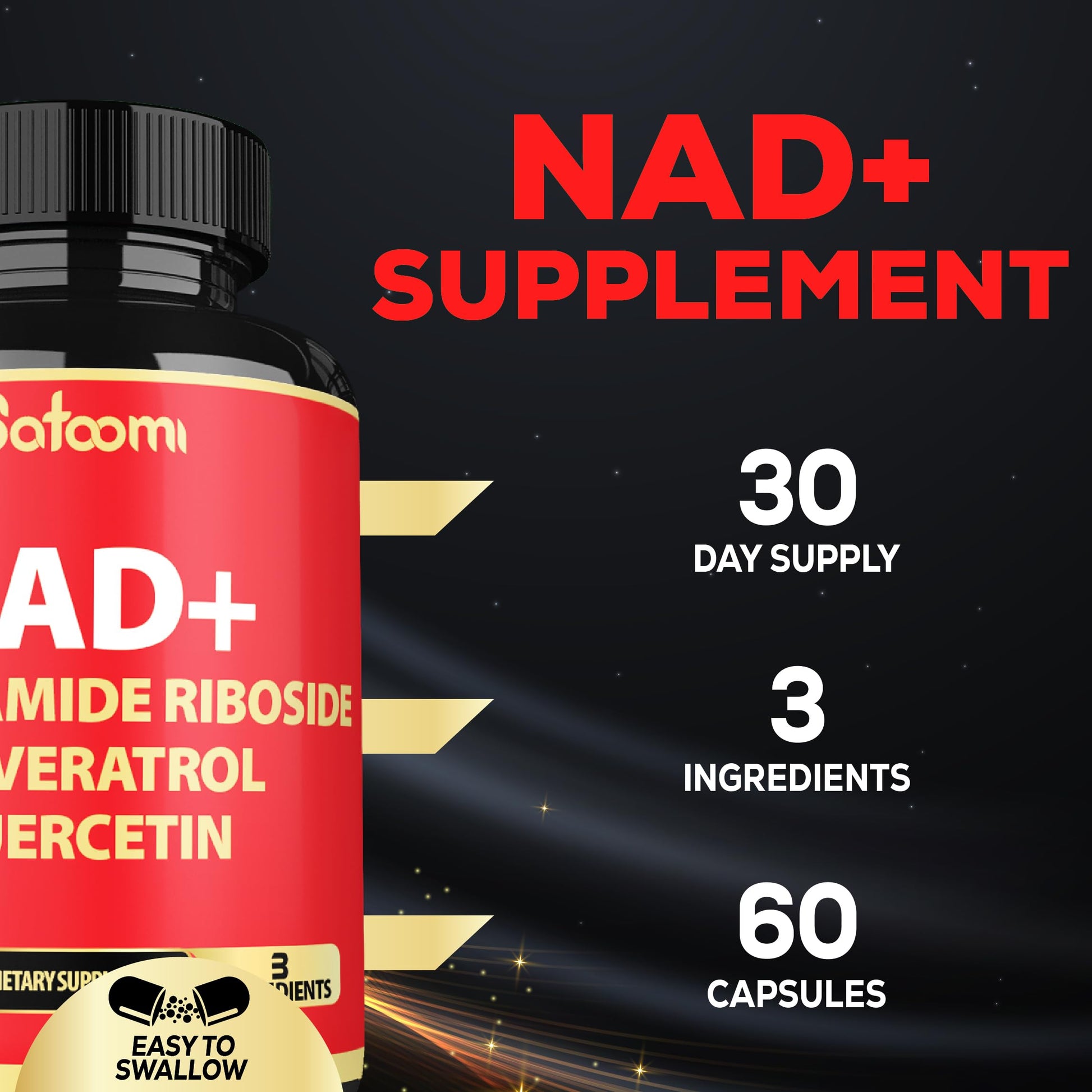 Satoomi NAD Supplement with Nicotinamide Riboside NR, Resveratrol, Quercetin - 60 Count - 30 Days SatoomiAu supplements