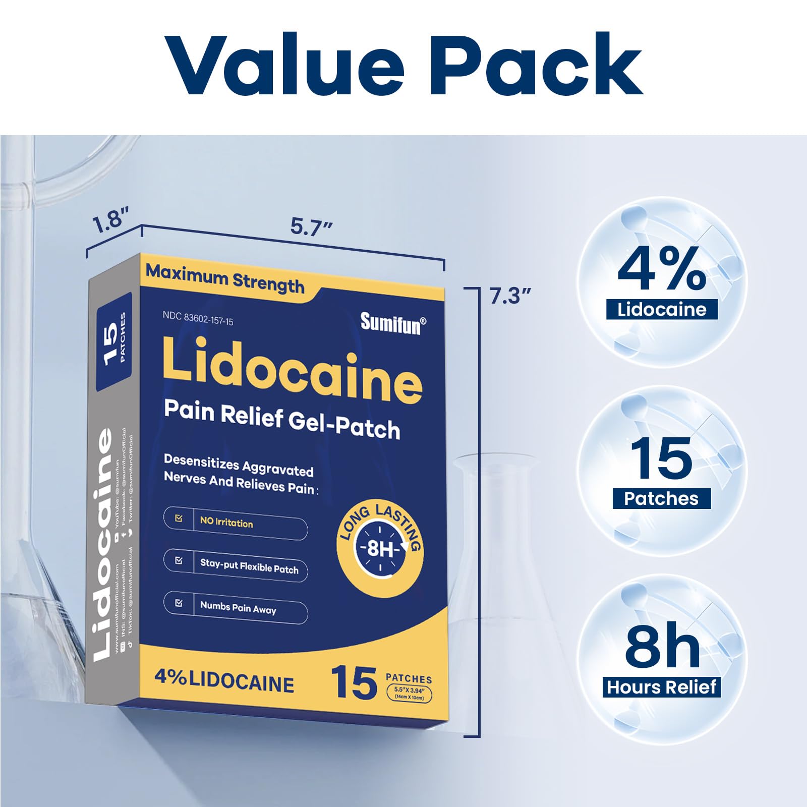 Sumifun 4% Lidocaine Pain Relief Patches 15 Counts Maximum Strength Numbing Gel Patch for Back Knee Neck Joint Ache Muscle Soreness Topical Analgesic SumifunAu supplements
