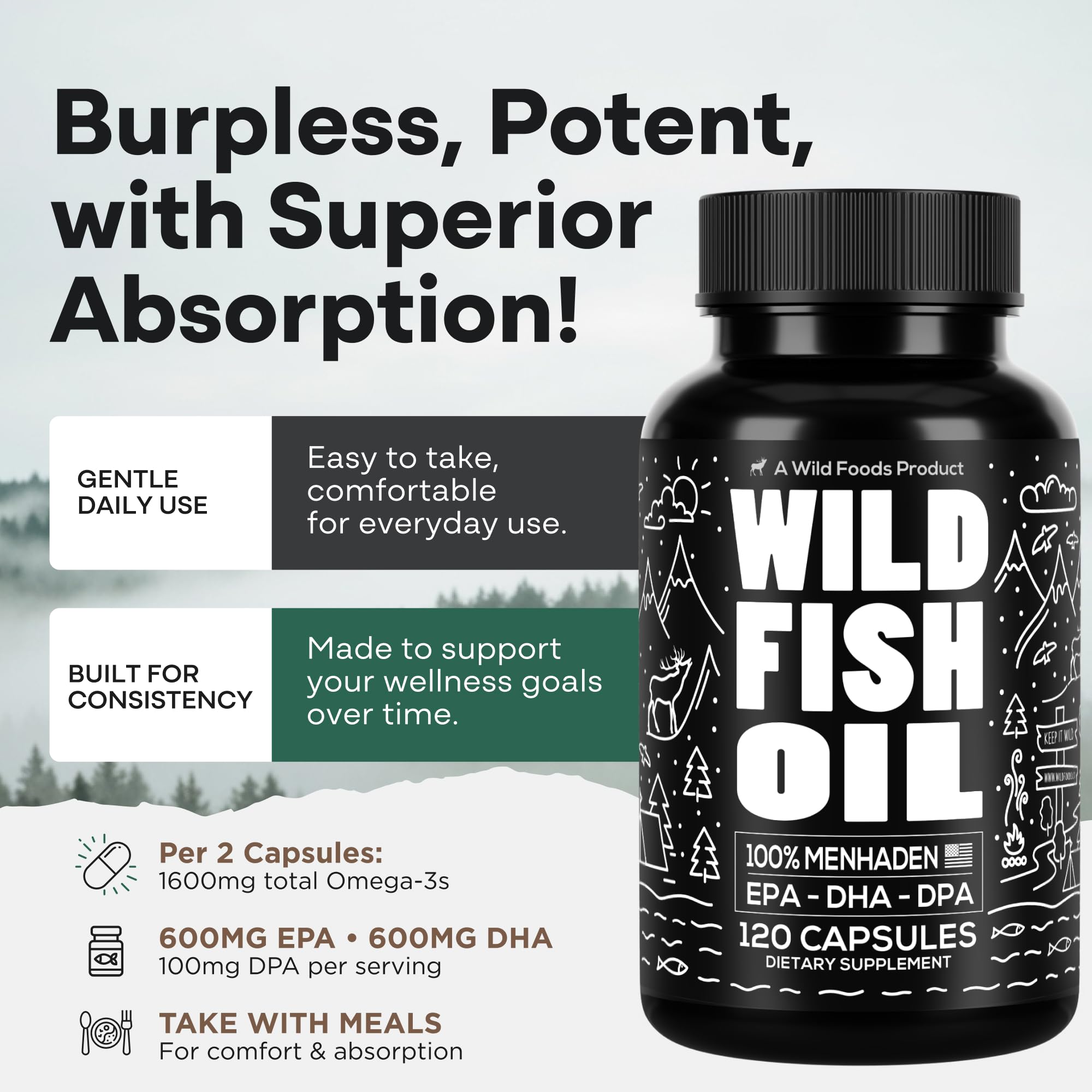 Wild Foods Omega 3 Fish Oil Supplement, 120 Capsules (1 pk) | Wild Caught, Burpless, Odorless, Non-GMO, Gluten Free | DPA, DHA, EPA Triple Strength Heart & Joint Nutrition for Women & Men Wild FoodsAu supplements