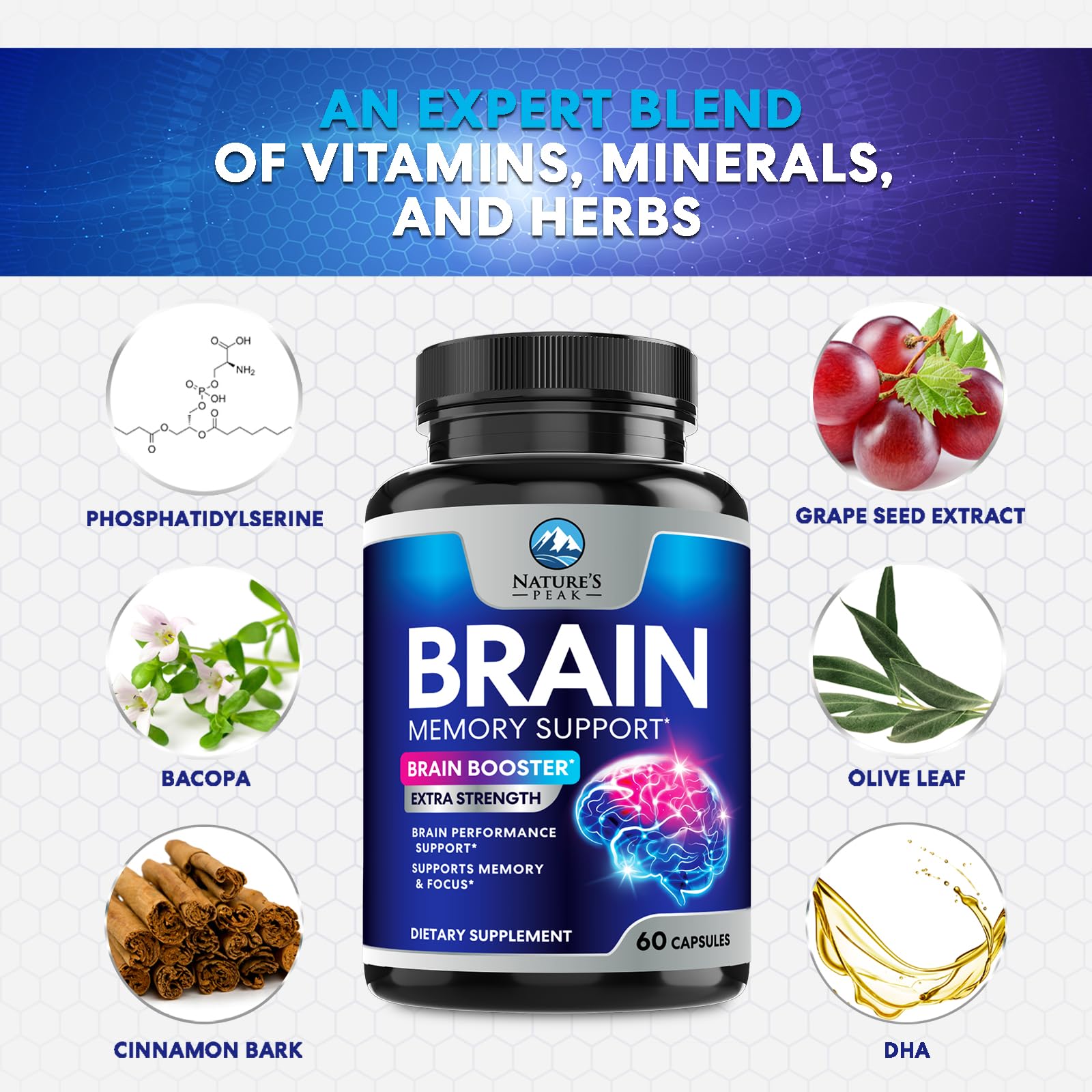 Brain Memory Supplement - 3X Strength Nootropics for Concentration, Clarity & Focus Support - Brain Health Cognitive Vitamins with Bacopa, Phosphatidylserine & DMAE, Brain Booster Pills, 60 Capsules Nature's PeakAu supplements
