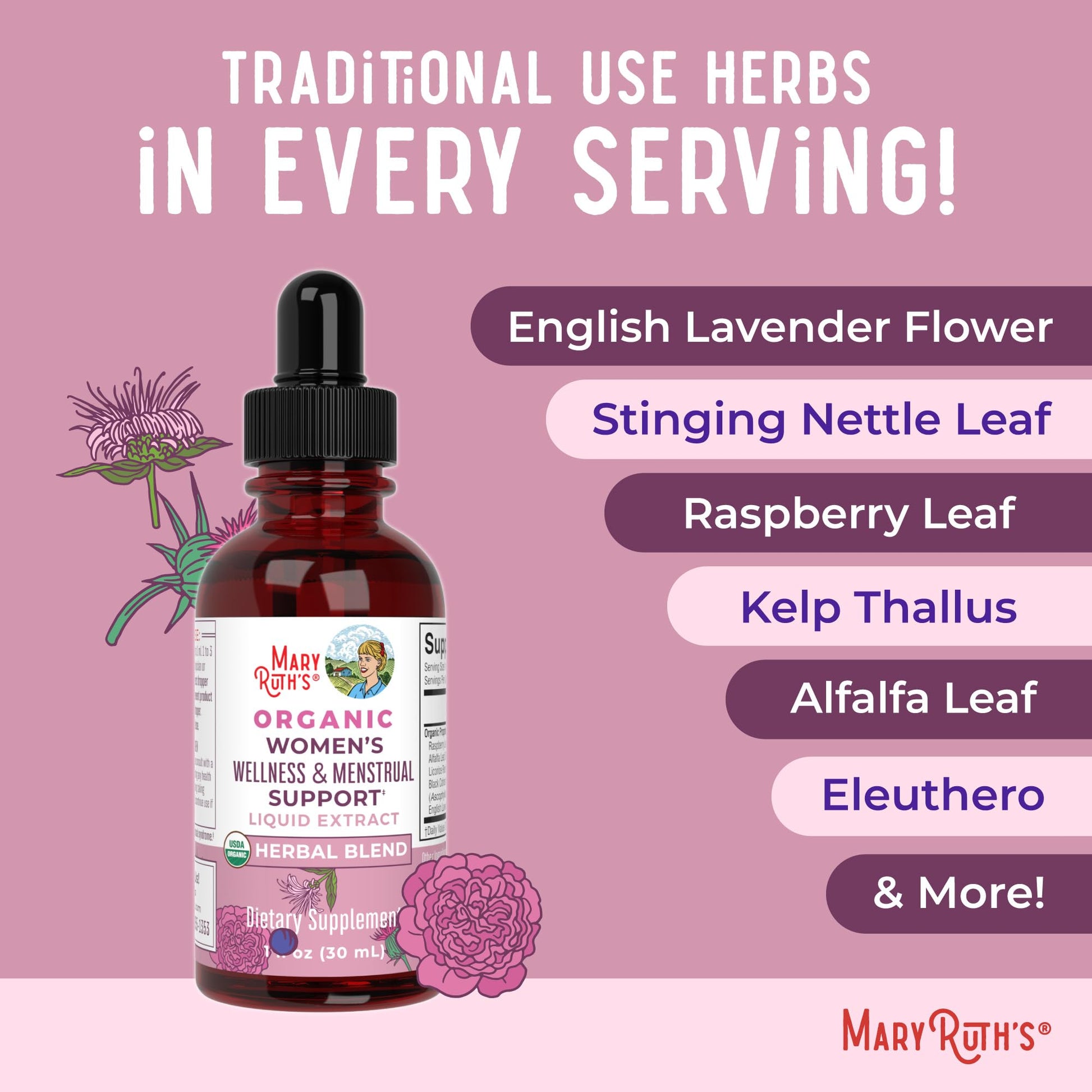 MaryRuth Organics USDA Organic Women's Wellness Liquid Herbal Supplements | Includes Stinging Nettle, Raspberry Leaf, Eleuthero Root, Chaste Tree Berry | Menstrual Support | Non-GMO, Vegan MARYRUTH'SUS supplements