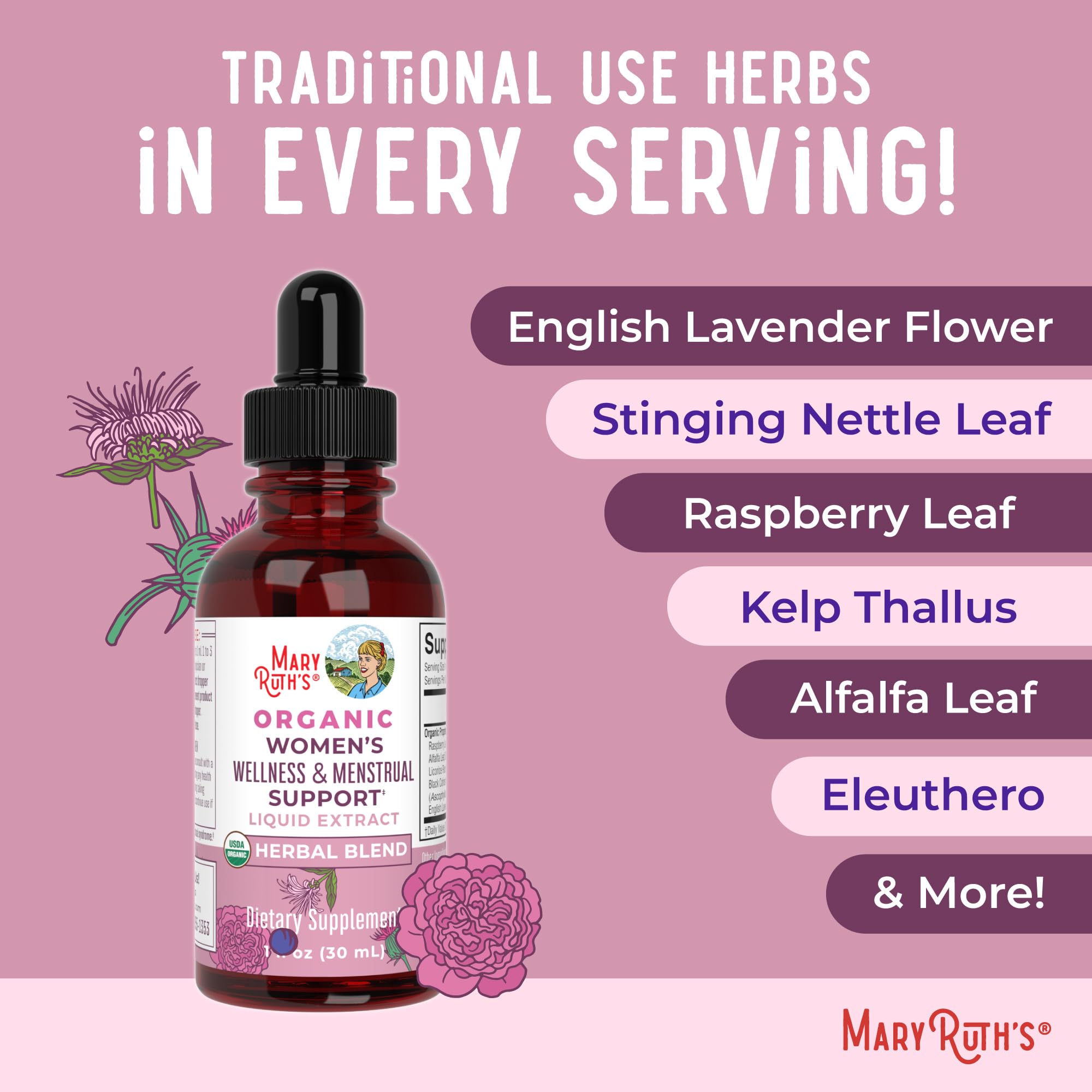 MaryRuth Organics USDA Organic Women's Wellness Liquid Herbal Supplements | Includes Stinging Nettle, Raspberry Leaf, Eleuthero Root, Chaste Tree Berry | Menstrual Support | Non-GMO, Vegan MARYRUTH'SUS supplements