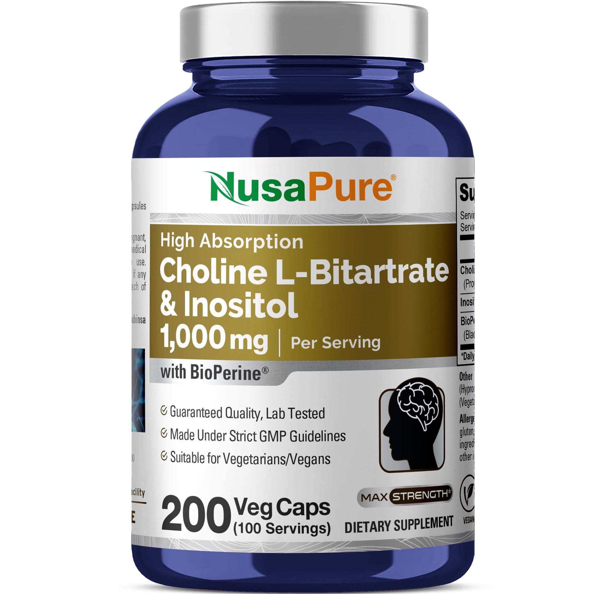NusaPure Choline & Inositol - Suitable for Vegetarian/Vegan, Non - GMO - 1000mg - 200 Veggie Capsules NusaPureAu supplements