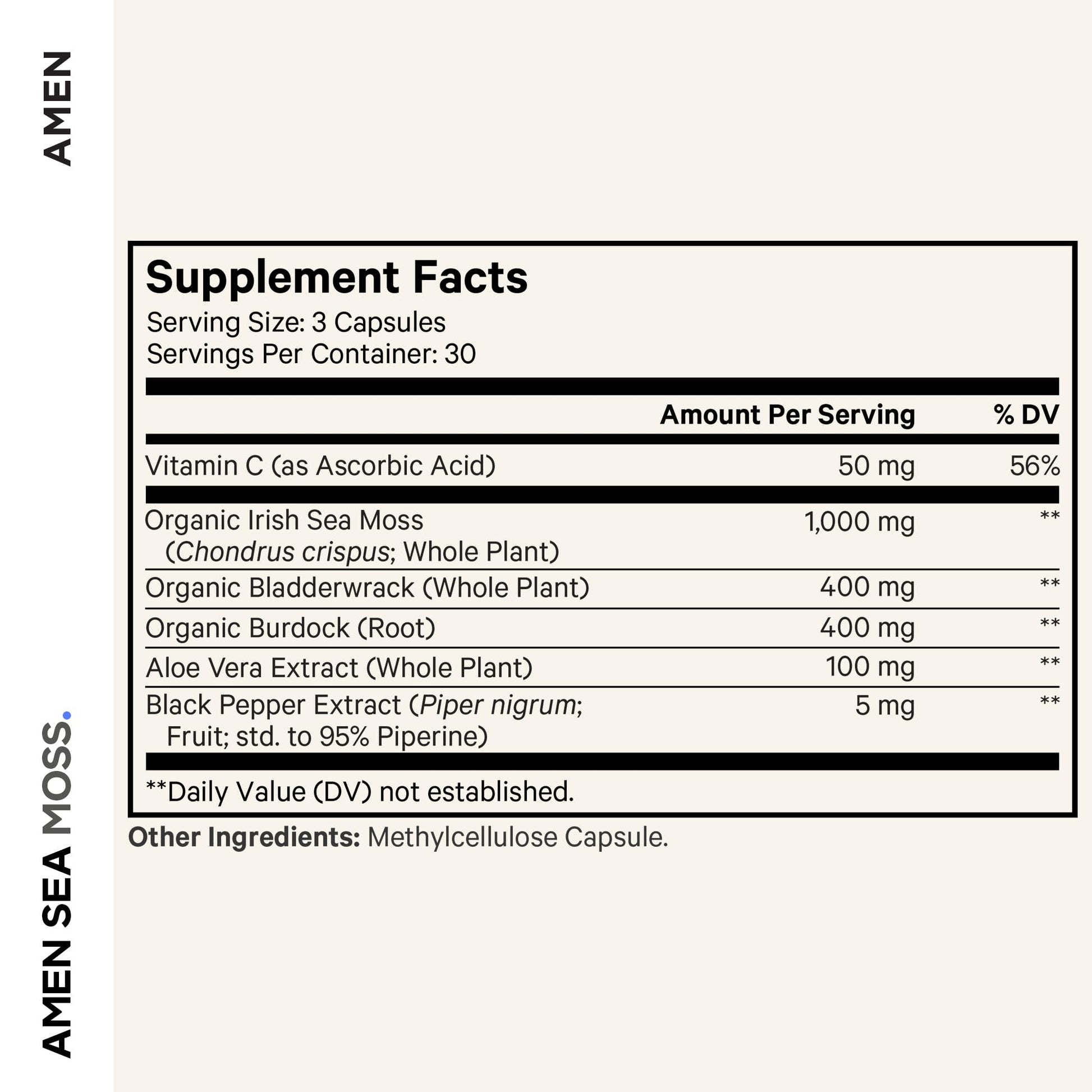 Amen Sea Moss Supplement - 1000mg Organic Irish Sea Moss, Bladderwrack, Burdock - Vitamin C, Aloe Vera, Black Pepper - Seaweed Superfood, Vitamins, Minerals, and Antioxidants - Non-GMO - 90 Capsules AmenAu supplements