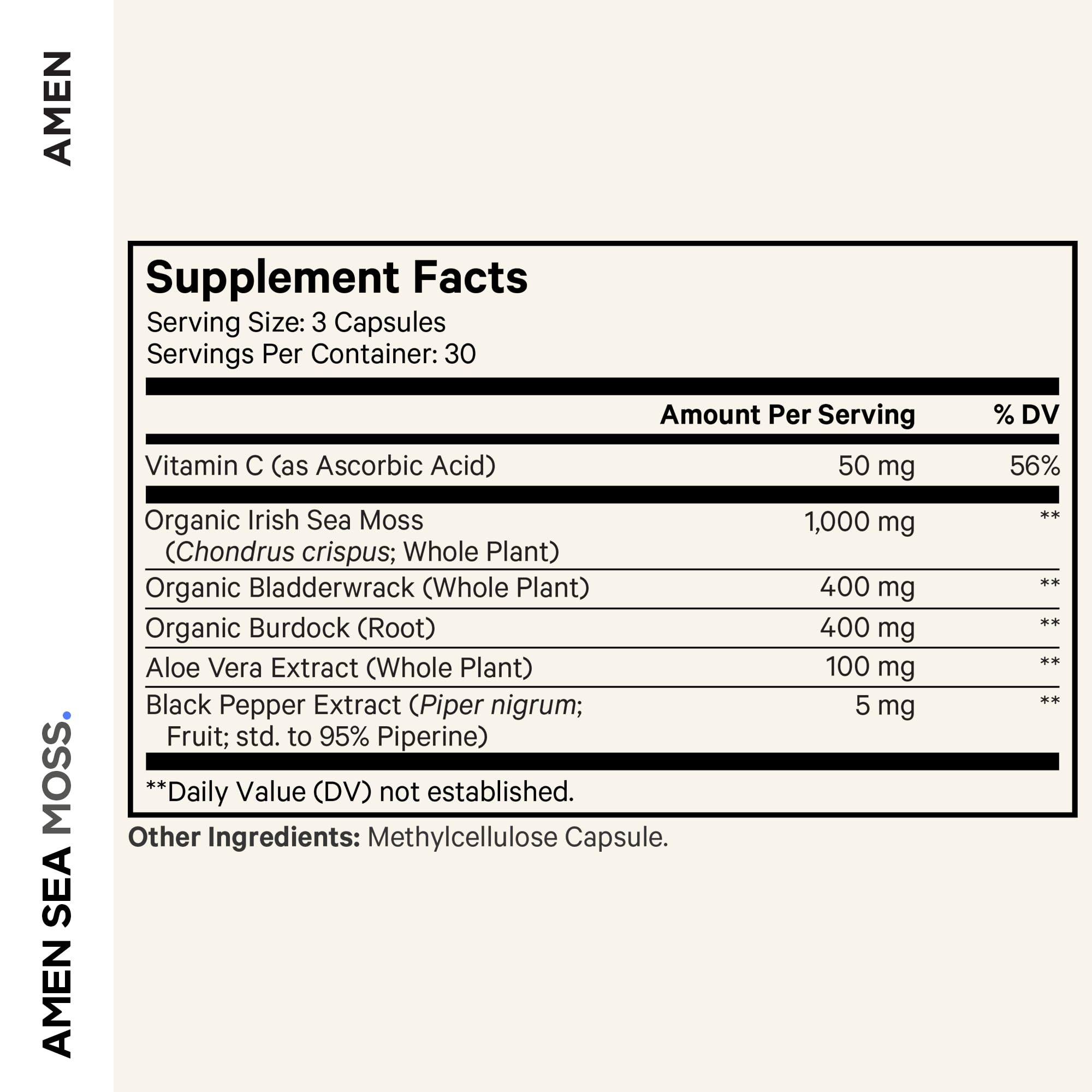 Amen Sea Moss Supplement - 1000mg Organic Irish Sea Moss, Bladderwrack, Burdock - Vitamin C, Aloe Vera, Black Pepper - Seaweed Superfood, Vitamins, Minerals, and Antioxidants - Non-GMO - 90 Capsules AmenAu supplements