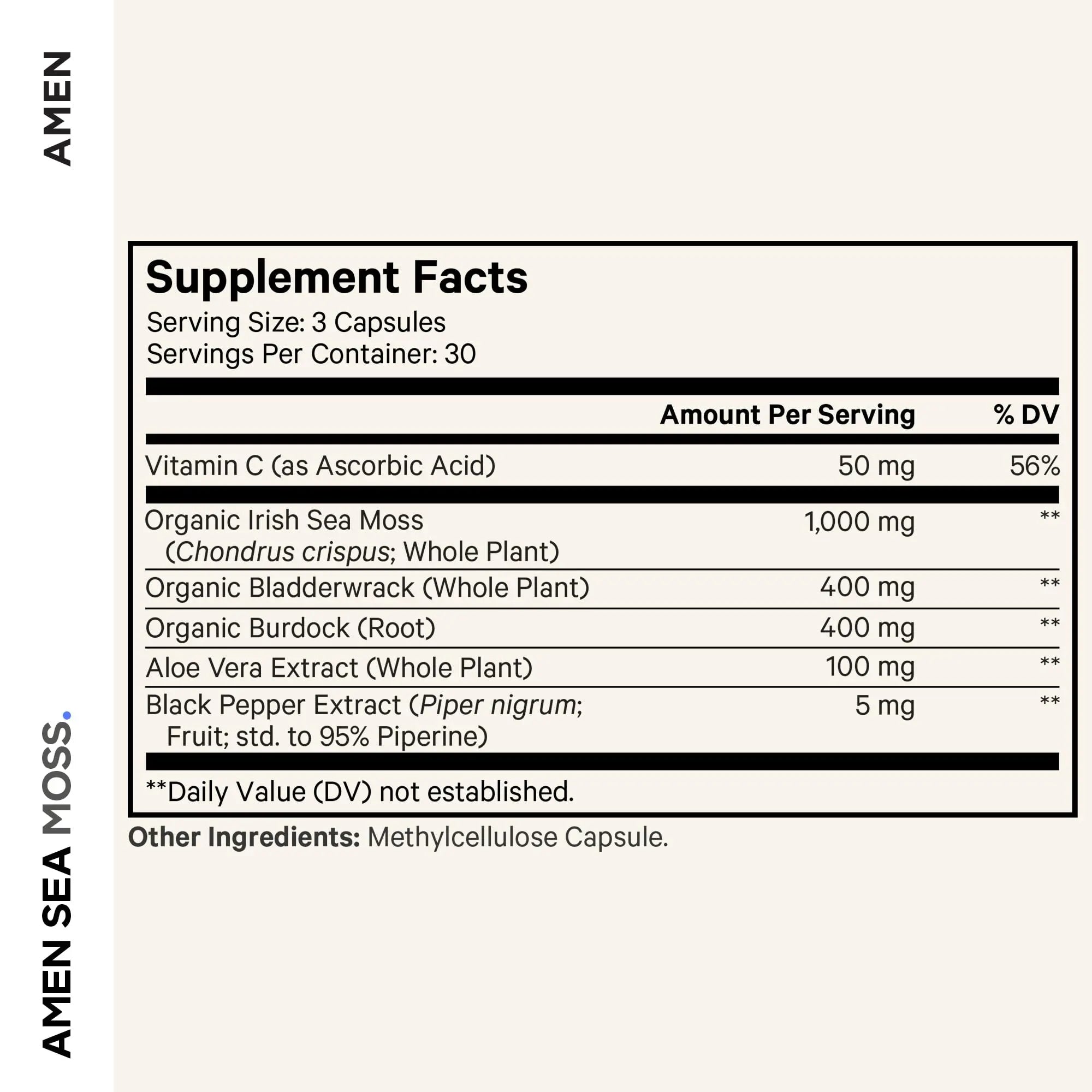 Amen Sea Moss Supplement - 1000mg Organic Irish Sea Moss, Bladderwrack, Burdock - Vitamin C, Aloe Vera, Black Pepper - Seaweed Superfood, Vitamins, Minerals, and Antioxidants - Non-GMO - 90 Capsules Amennz supplements