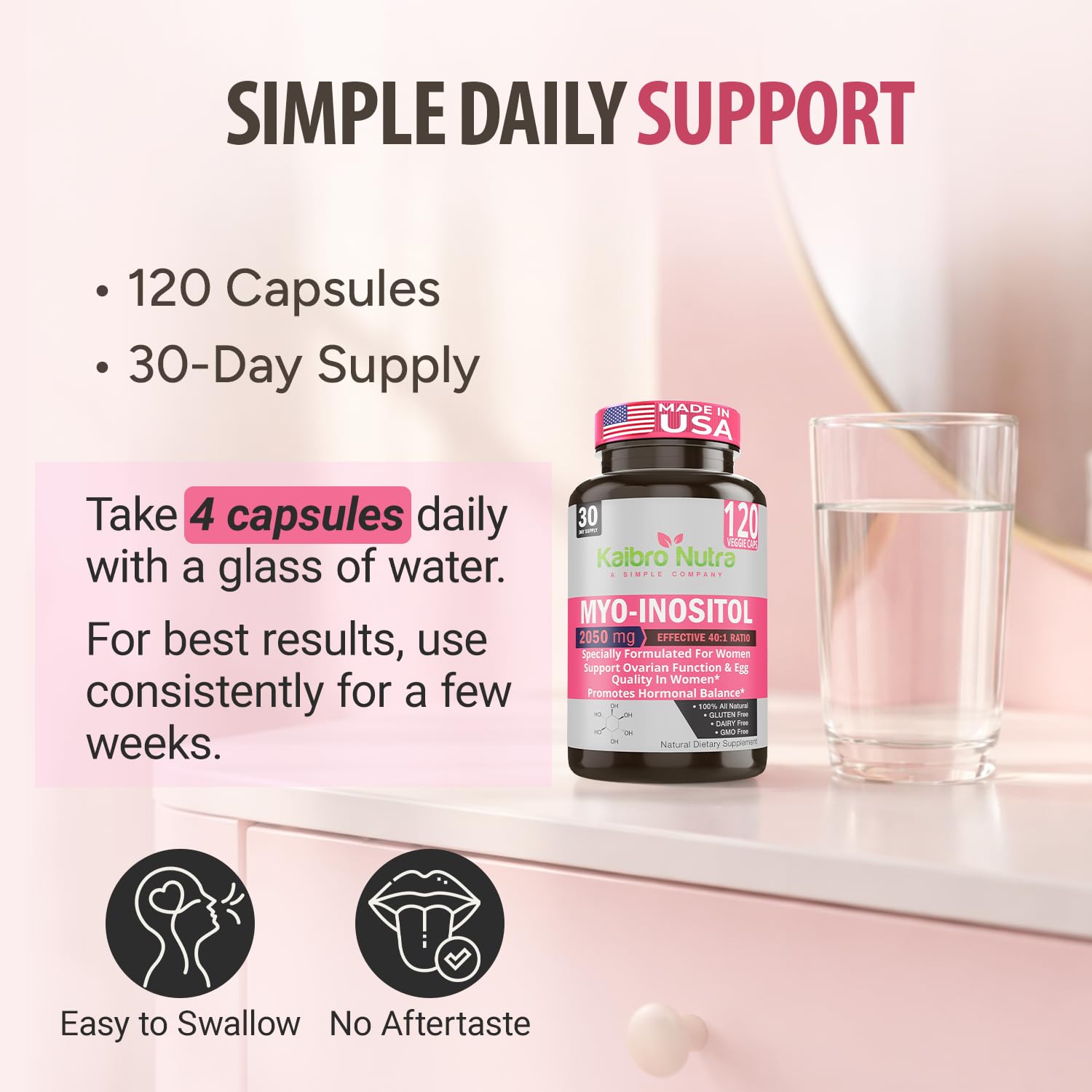 Kaibro Nutra Myo-Inositol Supplement, Myo-Inositol & D-Chiro Inositol 40:1 Ratio, Hormone Balance & Ovarian Support for Women with Vitamin B8, 2050mg, Vegan, Non-GMO Capsules 120 Count Kaibro NutraAu supplements