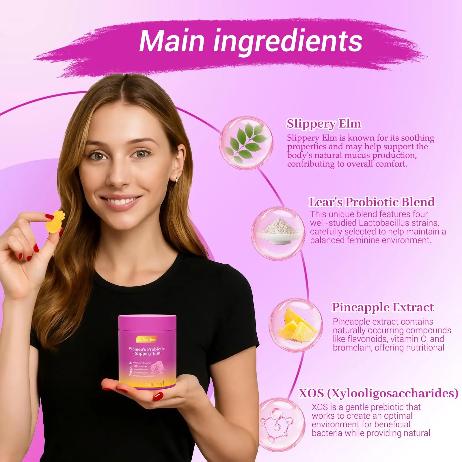 Le Tian Xian Her Juicy Feminine Probiotics Gummies for Women with Slippery Elm, Prebiotics & Lactobacillus - for pH Balance & Digestive Health, Tropical Pineapple Flavor, 60 Count Le Tian Xiannz supplements