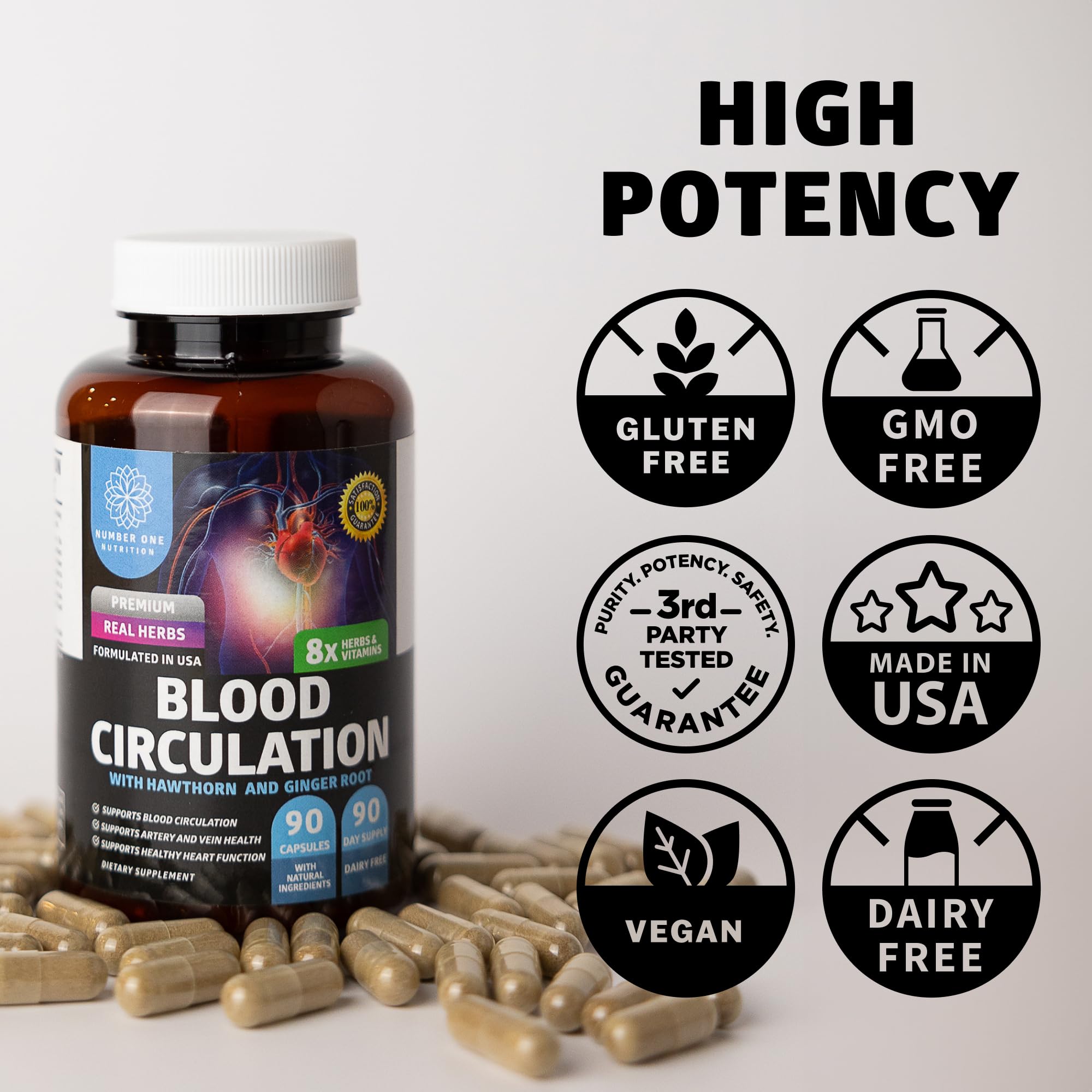 Number One Nutrition Premium Blood Circulation Supplement for Women and Men [8 Powerful Herbs & Vitamins] All Natural Blood Flow Supplement with Hawthorn, Butchers Broom and Cayenne Pepper, 90 Caps Number One NutritionAu supplements