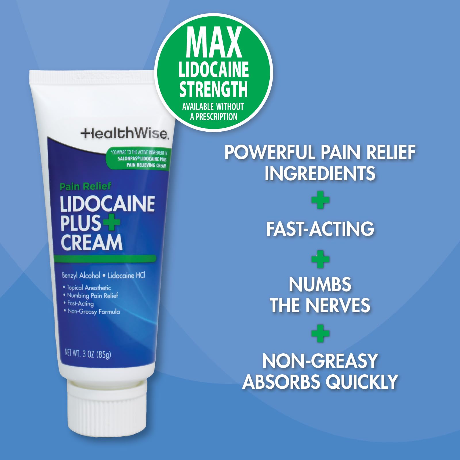 HealthWise Lidocaine Plus+ Cream | Numbs Away Pain | | Non-Greasy | 3.0 Oz | 4% OTC Lidocaine + 10% Benzyl Alcohol | Topical Anesthetic HealthWiseAu supplements