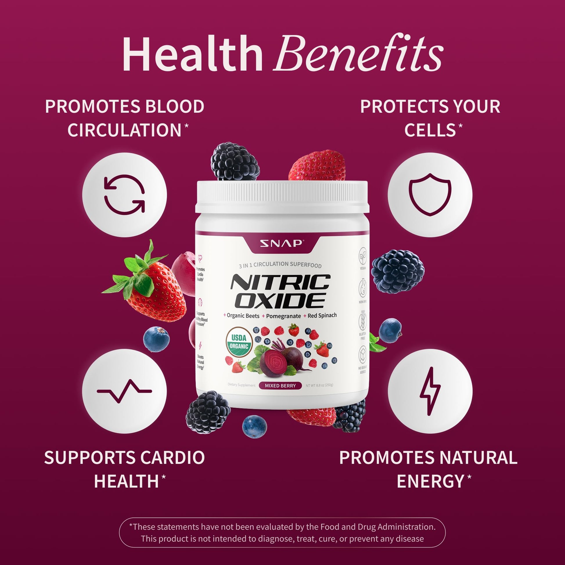 Snap Supplements Organic Beet Root Powder Nitric Oxide Supplement for Men & Women, Red Spinach & Pomegranate, Supports Healthy Energy & Blood Pressure Already in Normal Range, 30 Servings, Mixed Berry Snap SupplementsAu supplements