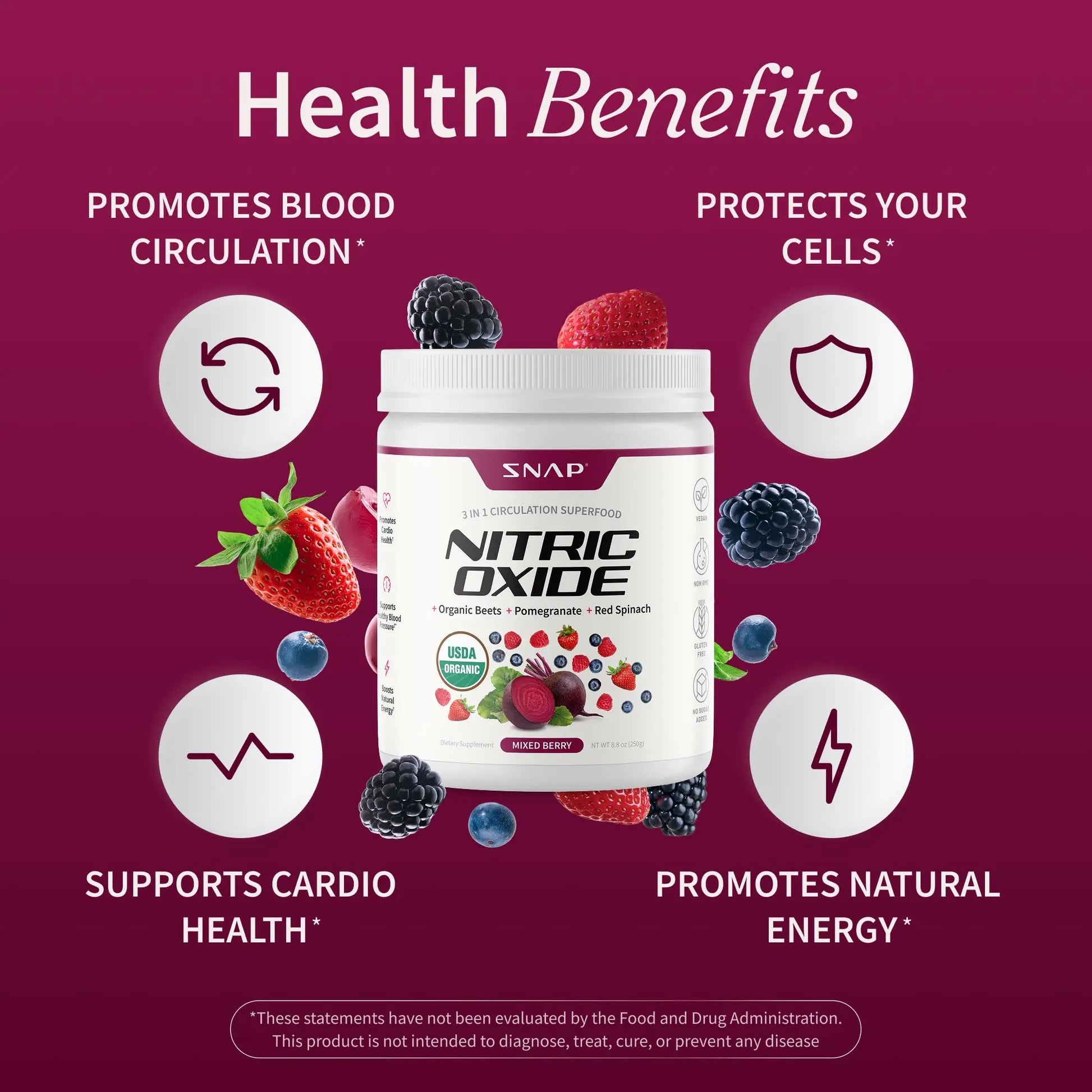 Snap Supplements Organic Beet Root Powder Nitric Oxide Supplement for Men & Women, Red Spinach & Pomegranate, Supports Healthy Energy & Blood Pressure Already in Normal Range, 30 Servings, Mixed Berry Snap Supplementsnz supplements