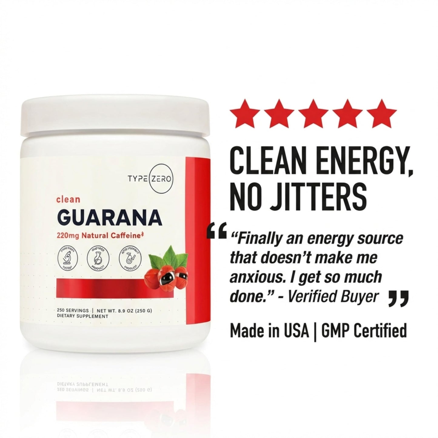 Type Zero Clean Guarana Powder Drink Mix (250 Servings, Unflavored) - 220 MG Caffeine Per Serving, Natural Caffeine, Non GMO, Gluten Free Type ZeroUS supplements