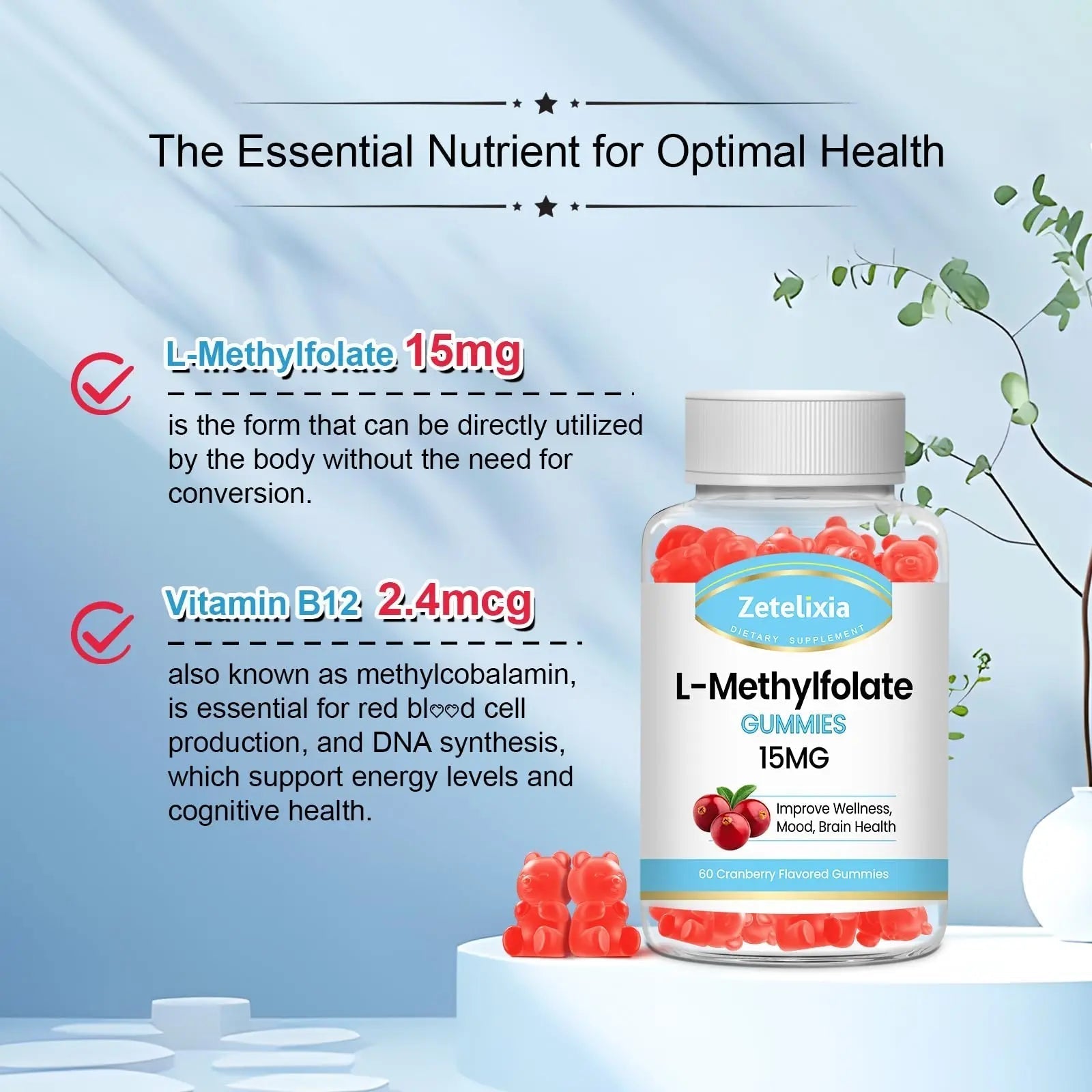 Zetelixia 2 Pack L-Methylfolate 15mg & Methyl B12 Gummies, Folate Supplement for Brain Health, Mood & Immunity, DNA Synthesis & Repair ZetelixiaAu supplements