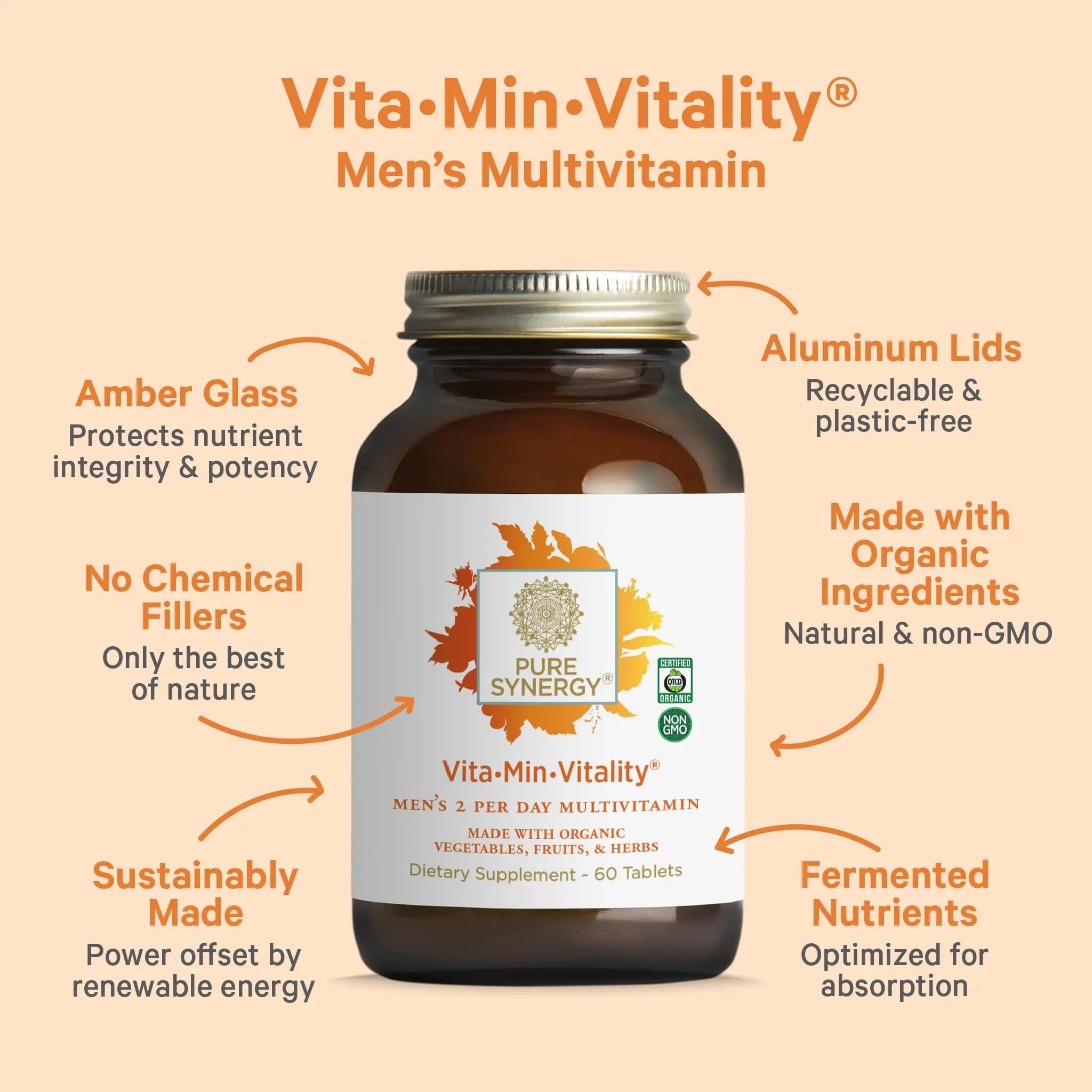 PURE SYNERGY Vita·Min·Vitality | Natural Multivitamin for Men | Men’s Daily Multivitamin Made with Organic Whole Foods | for Energy, Stress, and Immune Support (60 Tablets) PURE SYNERGYnz supplements