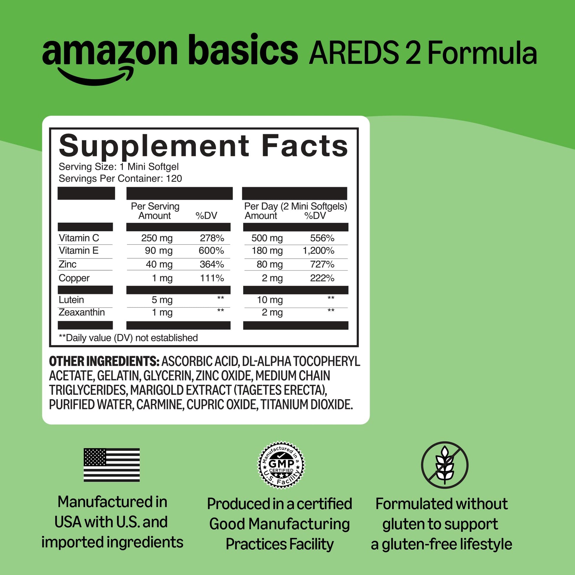 Amazon Basics Eye Vitamin and Mineral Supplement, AREDS 2 Formula with Lutein & Zeaxanthin, 120 Softgels Amazon BasicsAu supplements