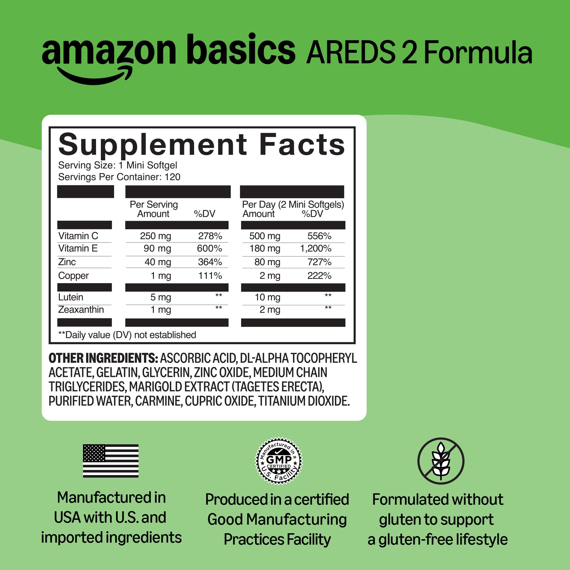 Amazon Basics Eye Vitamin and Mineral Supplement, AREDS 2 Formula with Lutein & Zeaxanthin, 120 Softgels Amazon BasicsAu supplements