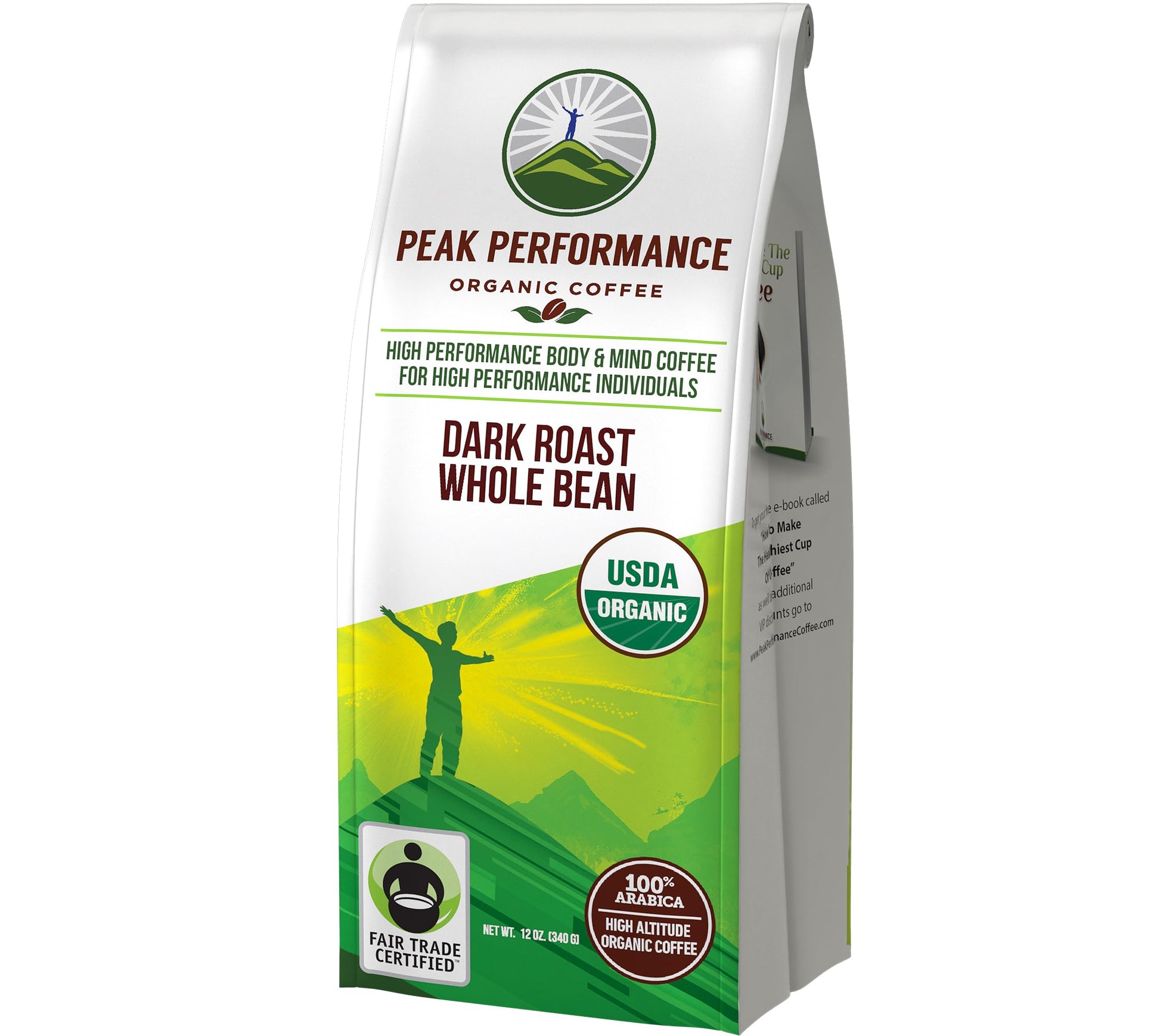 Peak Performance High Altitude Organic Coffee - Fair Trade, Low Acid, Non GMO, and Beans Full of Antioxidants - Dark Roast Smooth Tasting USDA Certified Organic Whole Bean Coffee Bag 12 oz Peak PerformanceAu supplements