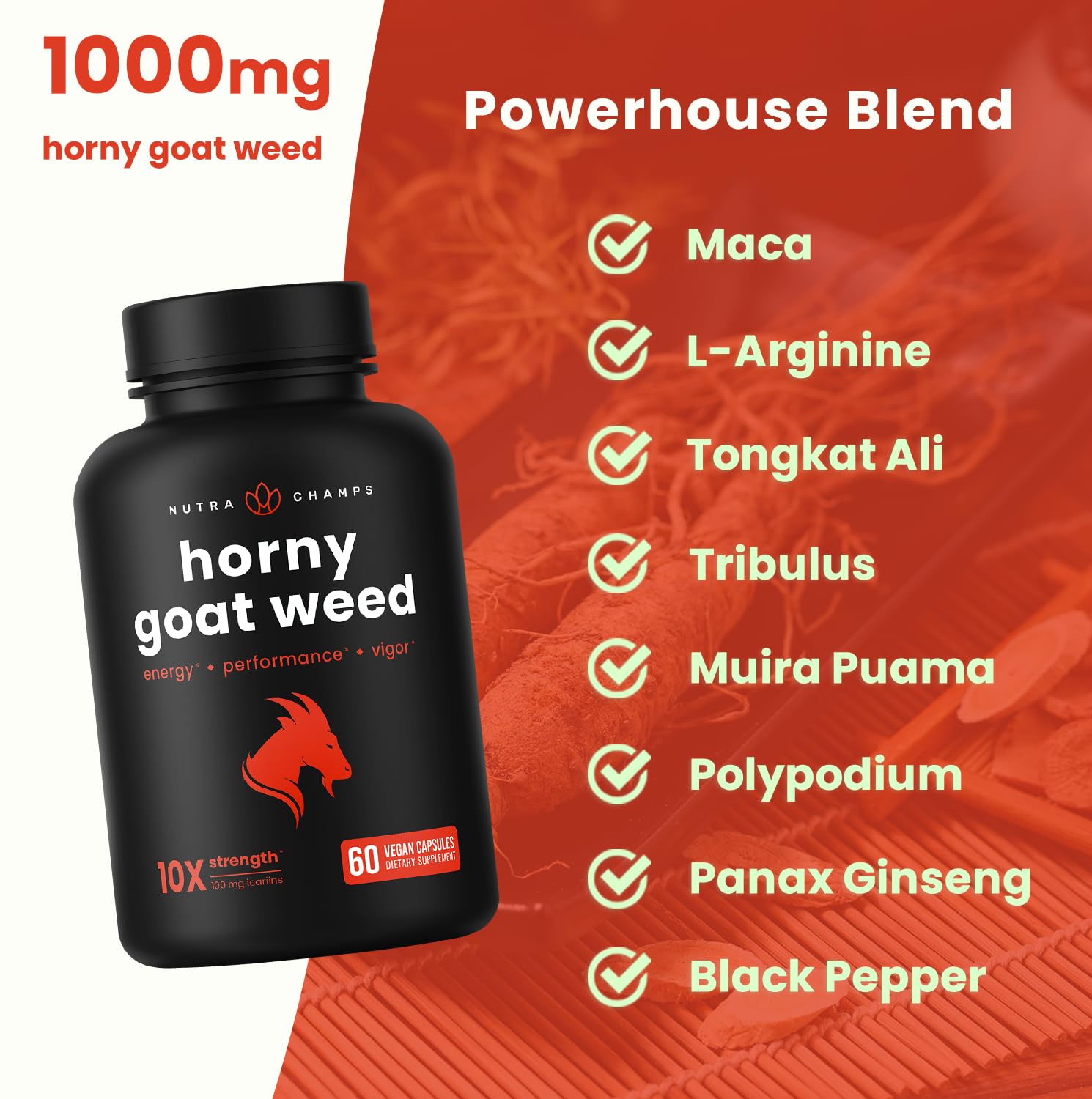 NutraChamps Horny Goat Weed, 1000mg Epimedium Energy Supplement, 10X Strength Icariin, Ginseng, Tribulus & Maca Pills for Women & Men, Enhanced Absorption with Black Pepper, 60 Vegan Capsules NutraChampsAu supplements