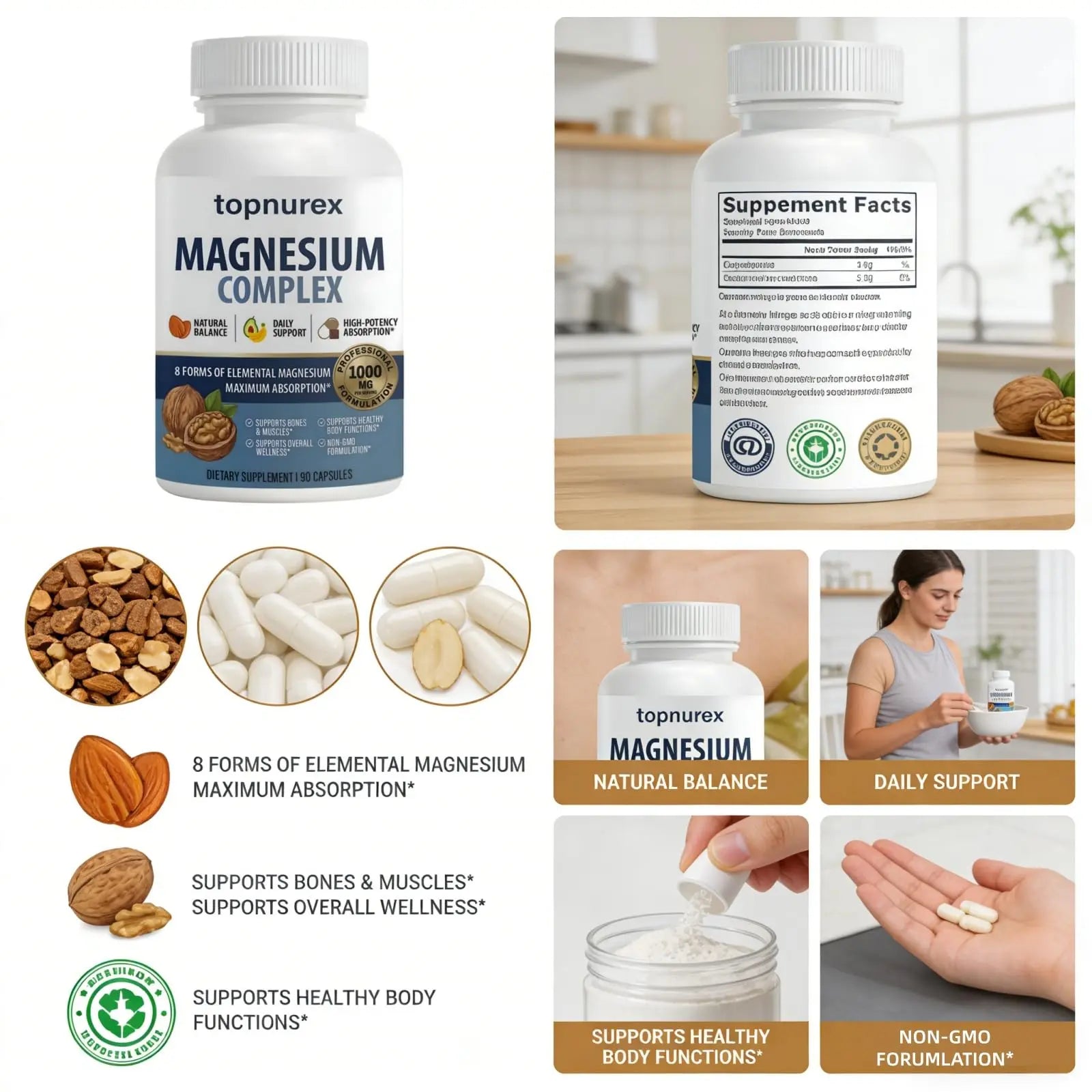 Topnurex Magnesium Complex for Women & Men - 1000mg High Absorption, 8 Essential Magnesium, 90 Capsules Topnurexnz supplements