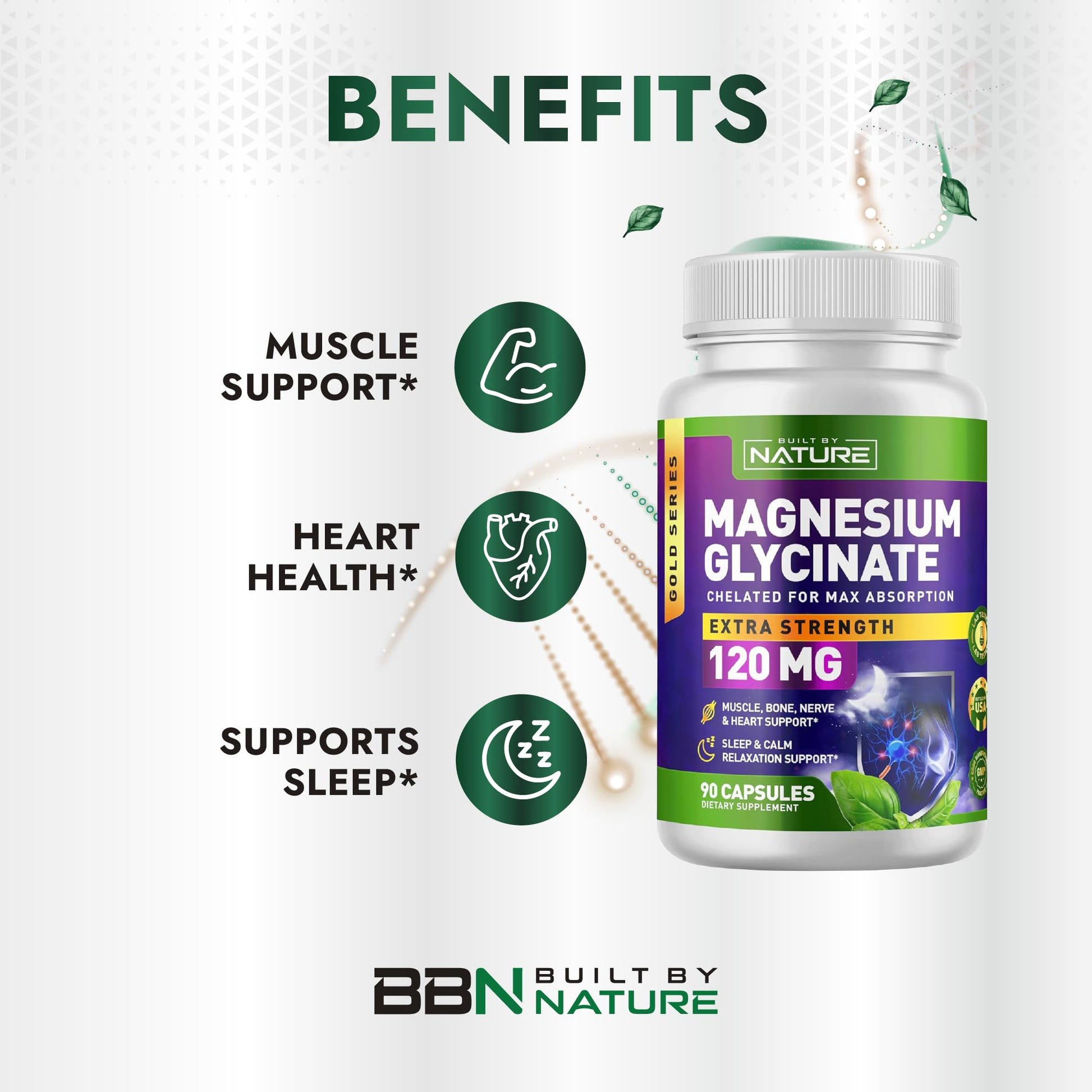 Built By Nature Magnesium Glycinate - Chelated for High Absorption – Supplement to Support Sleep, Muscle, Heart & Nerve Health - 120 mg Magnesium per Serving/Capsule - 90 Capsules Built by NatureAu supplements