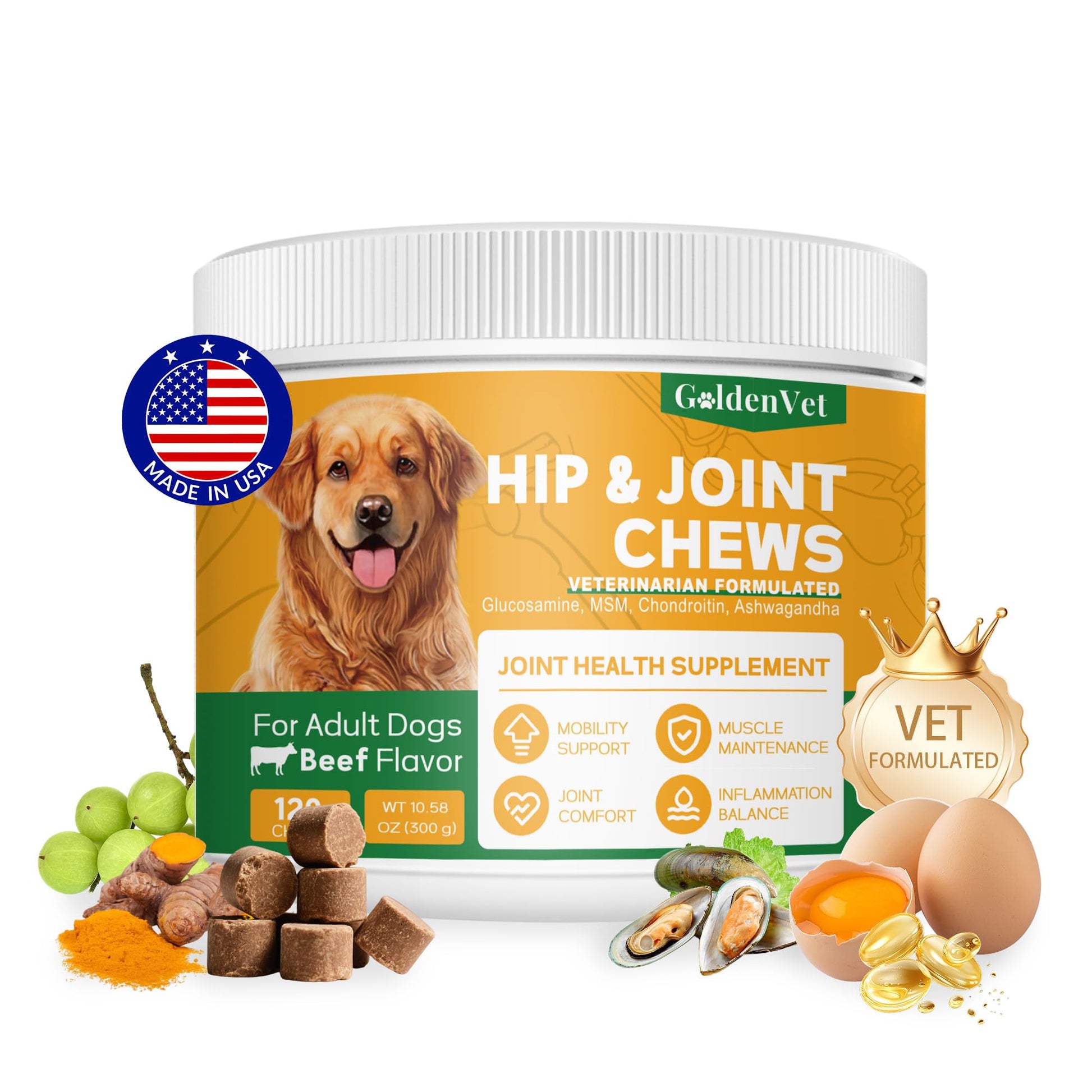 Hip and Joint Chews for Senior Dogs with Glucosamine HCL, Chondroitin, Green-lipped Mussel, Ashwagandha for Anti Inflammatory, Mobility Support, Muscle Maintenance, Joint Comfort 120 Ct GOLDENVETAu supplements