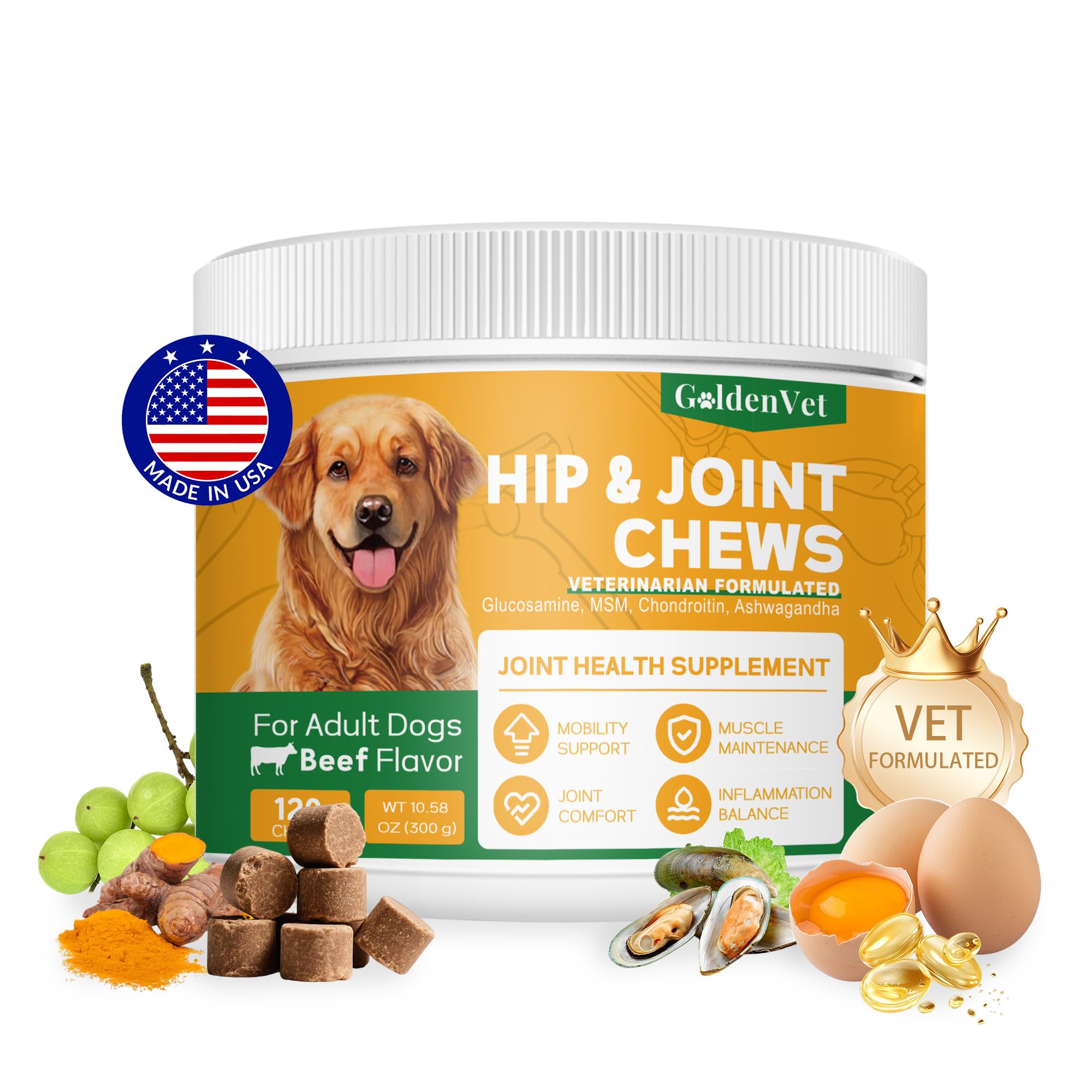 Hip and Joint Chews for Senior Dogs with Glucosamine HCL, Chondroitin, Green-lipped Mussel, Ashwagandha for Anti Inflammatory, Mobility Support, Muscle Maintenance, Joint Comfort 120 Ct GOLDENVETAu supplements