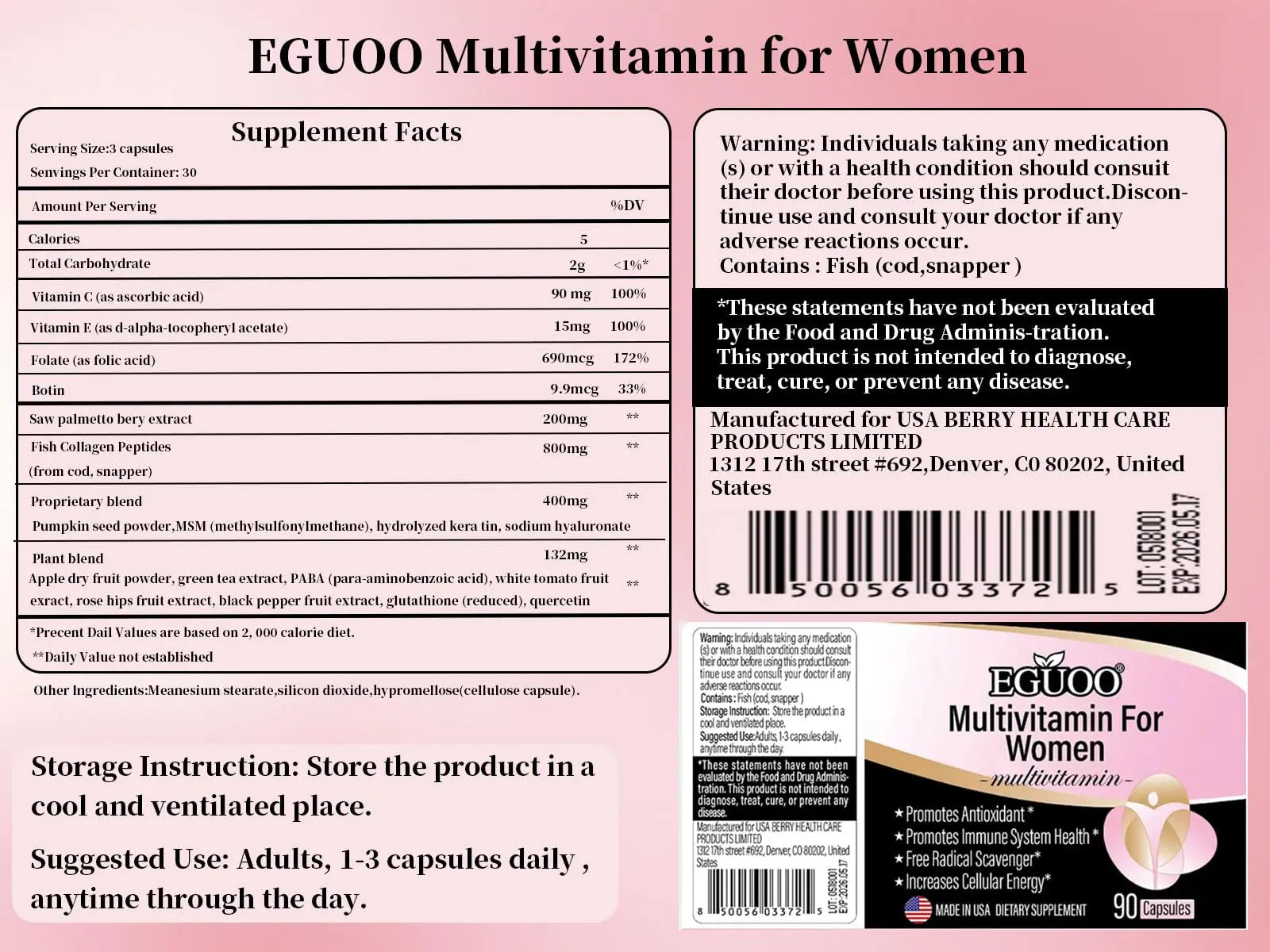 EGUOO Women’s Multivitamin 90 Capsules - Vitamin C, E, Biotin & Folic Acid for Energy, Immune Support, Brain, Heart, Eye & Bone Health EGUOOAu supplements