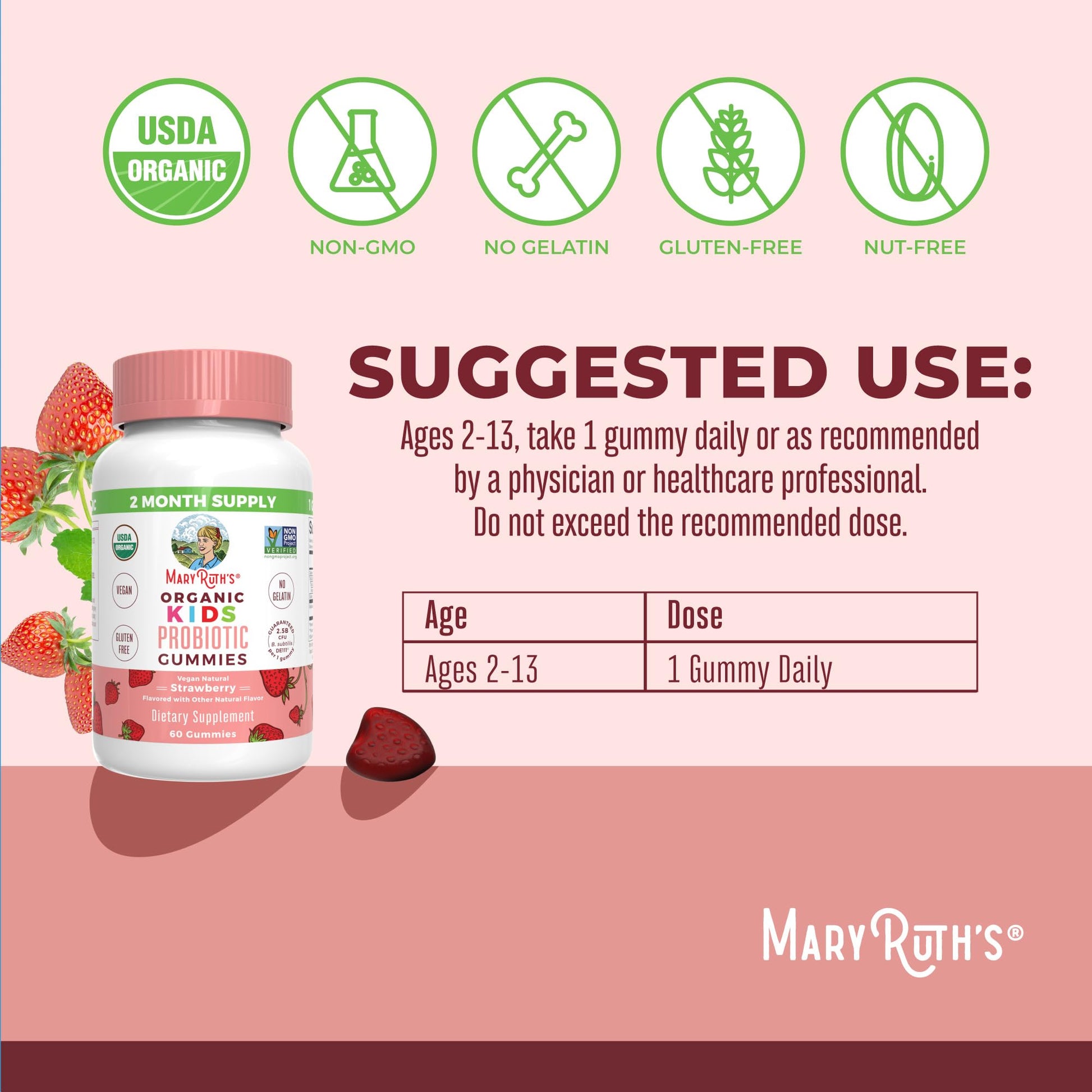 MaryRuth Organics Kids Probiotics for Digestive Health | USDA Probiotic Gummies | 2 Month Supply | Kids Probiotics | Immune Support | Gut Health Supplement | Vegan | Non-GMO | Gluten Free | 60 Count MARYRUTH'SUS supplements