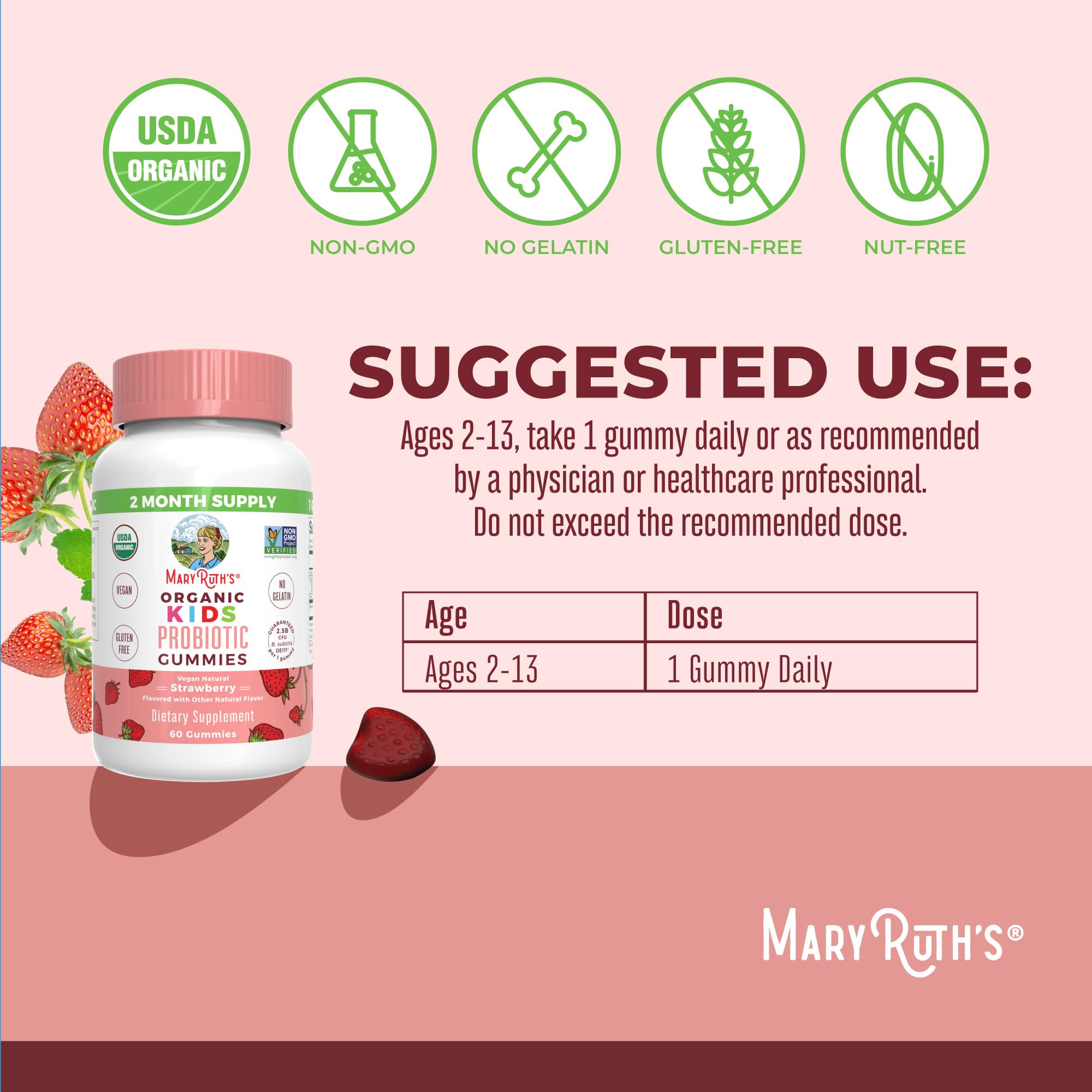 MaryRuth Organics Kids Probiotics for Digestive Health | USDA Probiotic Gummies | 2 Month Supply | Kids Probiotics | Immune Support | Gut Health Supplement | Vegan | Non-GMO | Gluten Free | 60 Count MARYRUTH'SUS supplements