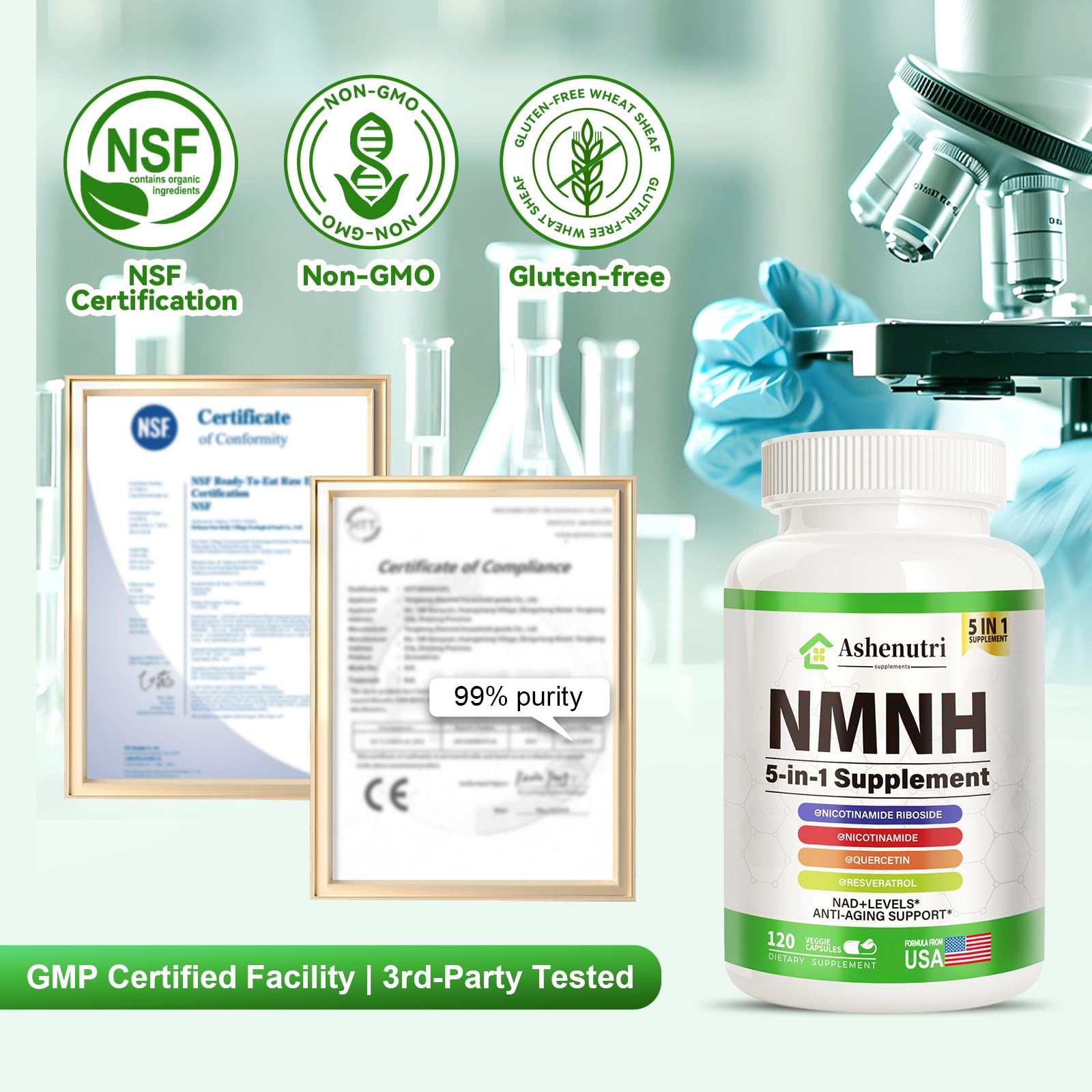 NMNH (Dihydronicotinamide Mononucleotide), NMN Alternative Supplement w/Niacinamide (Vitamin B3), Quercetin, Trans-Resveratrol, Support NAD+, Skin Cell Health*, Anti-Aging & Energy, 120 Caps AshenutriAu supplements