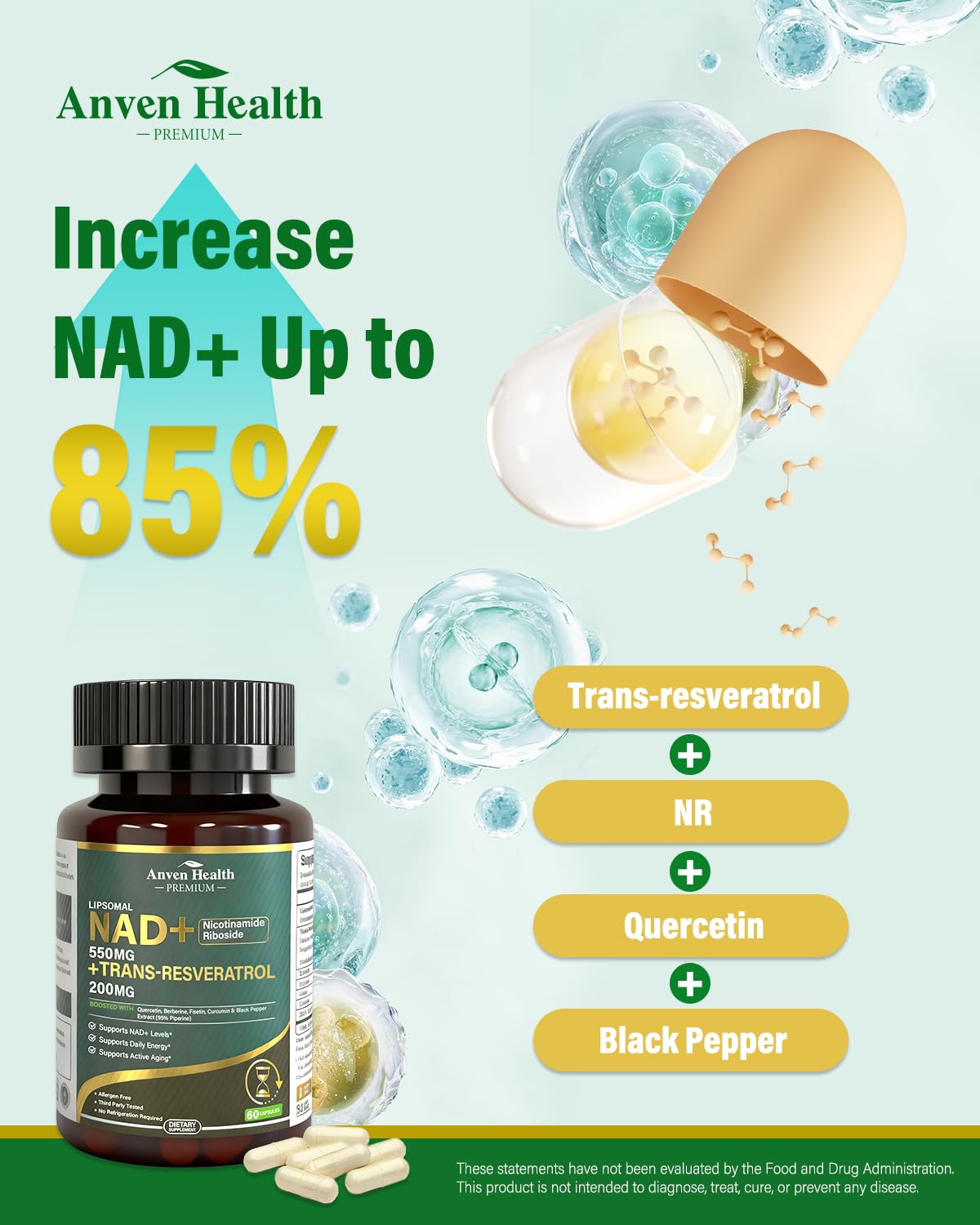 Liposomal NAD+ Resveratrol Supplement - NMN Alternative with Trans-Resveratrol, Quercetin & Fisetin - NAD Plus Booting for Women and Men, Support Cellular Energy & Healthy Aging, Non-GMO | 60 Capsules Anven HealthAu supplements