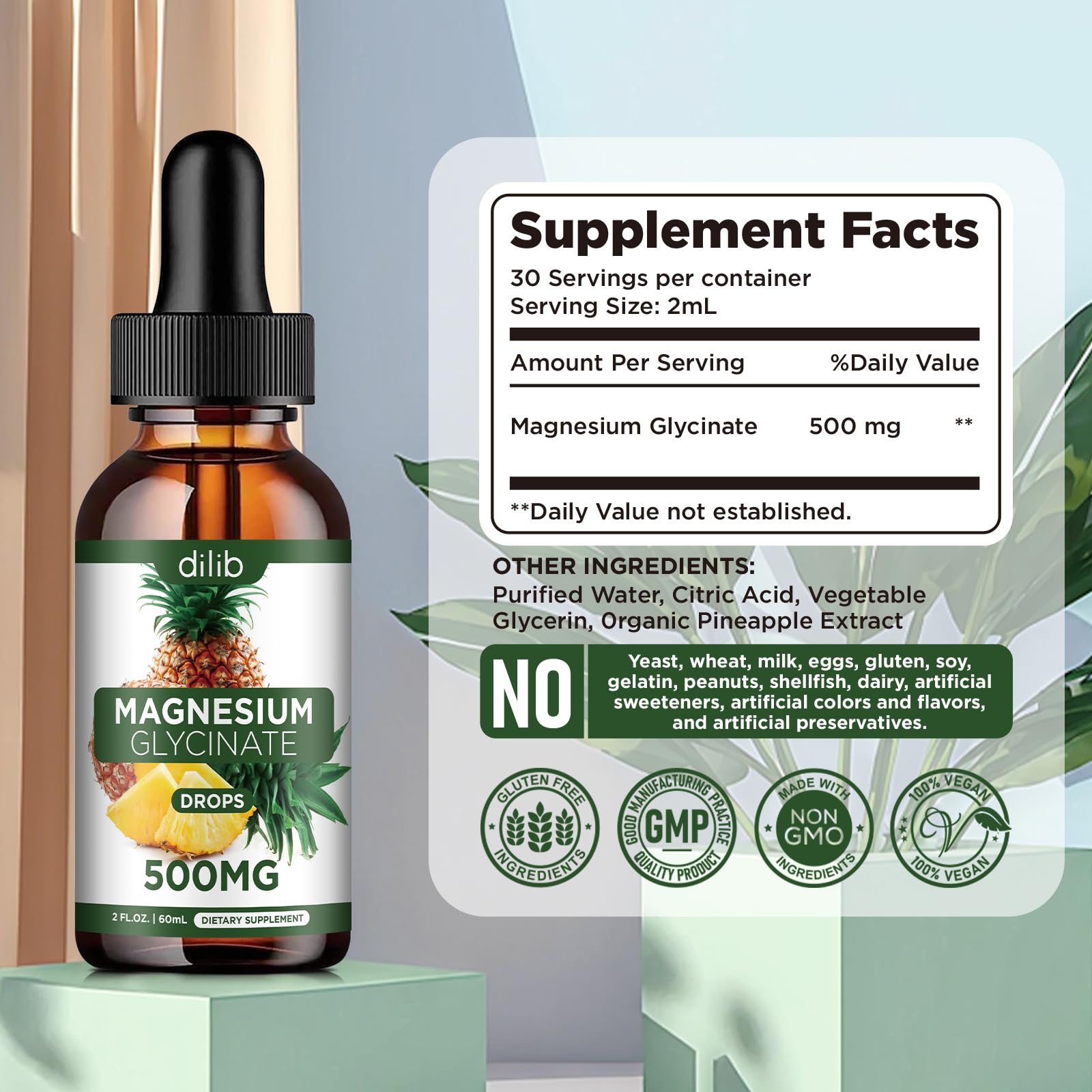Magnesium Glycinate Supplement, Liquid Magnesium Glycinate Liquid Drops 500mg-Support Stress Relief, Relaxation, Mood, Sleep, Bone & Muscle-2 Fl Oz, Vegan, Pineapple Flavor dilibAu supplements