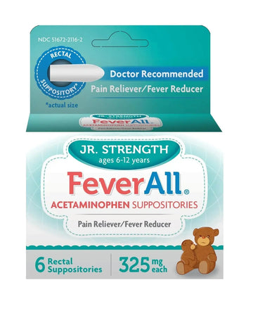 Feverall Children Acetaminophen Suppositories 6 Rectal Suppositories 325mg Each Pain Reliever/Fever Reducer. Paraben Free, No Artificial Colors or Other preservatives. Ages 6-12 Years FeverallAu supplements