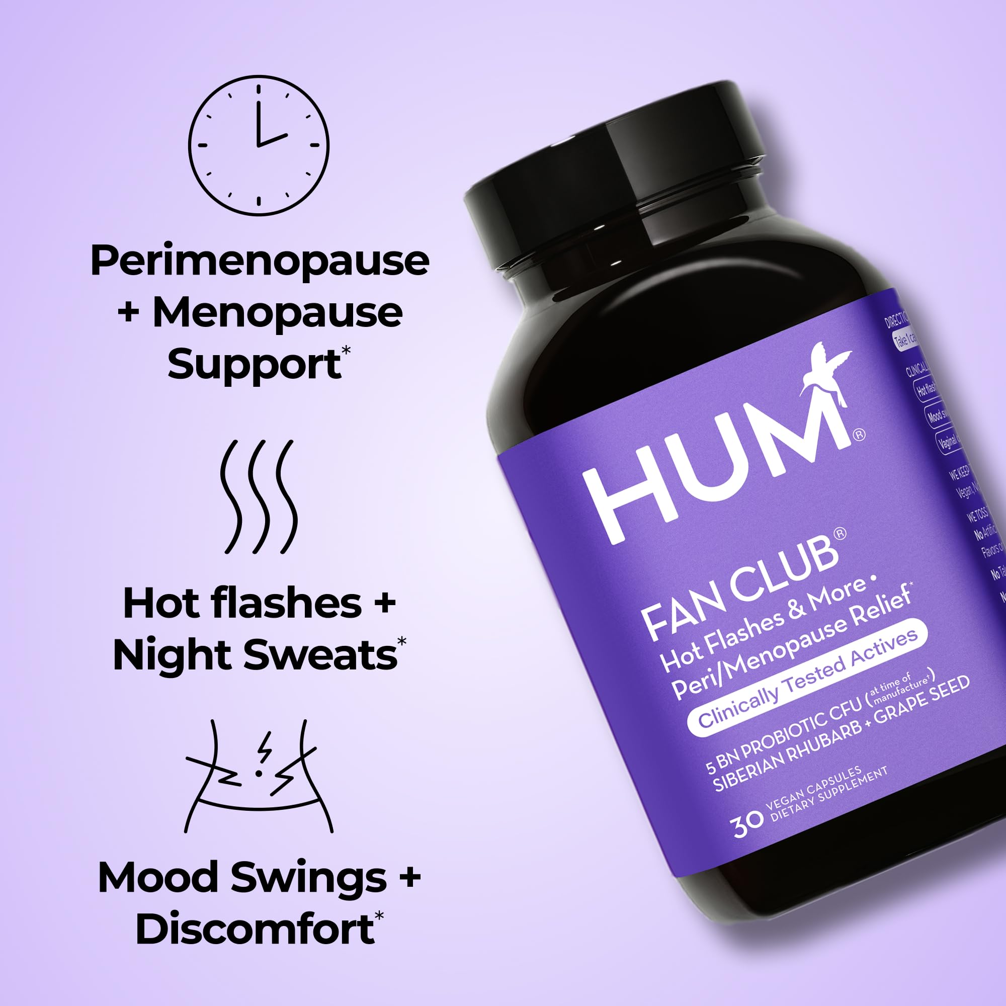 HUM Fan Club Menopause Probiotic Supplement, Estrogen Free Menopause Supplements for Women, Non Hormonal, Supports Energy & Hot Flashes, Grape Seed Extract & Siberian Rhubarb, 30 Vegan Capsules HUMUS supplements