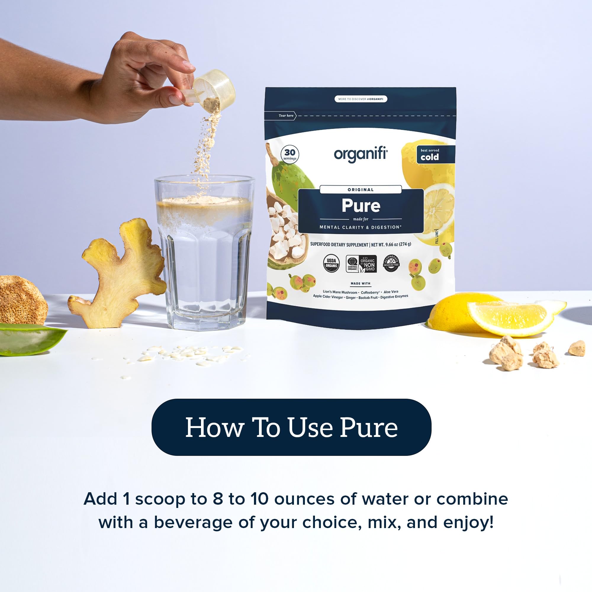 Organifi Pure - Promotes Stimulation in Learning, Memory, Focus, and Clarity - Brain Support with Superfoods - Gluten-Free and Non GMO - Best Served Cold, 30 Servings OrganifiAu supplements