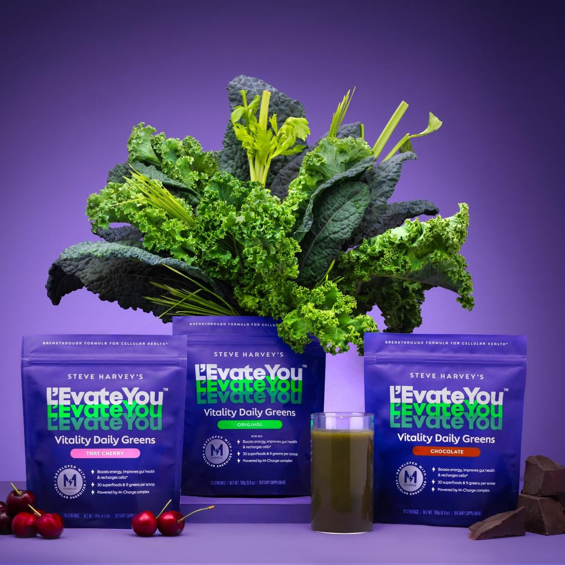 L'Evate You Vitality Daily Greens Powder (28 Servings) 30 Superfoods, 9 Greens - for a Cellular Energy Boost, Powered by M-Charge Complex for All Day Energy (Tart Cherry) Steve Harvey's L'Evate YouAu supplements