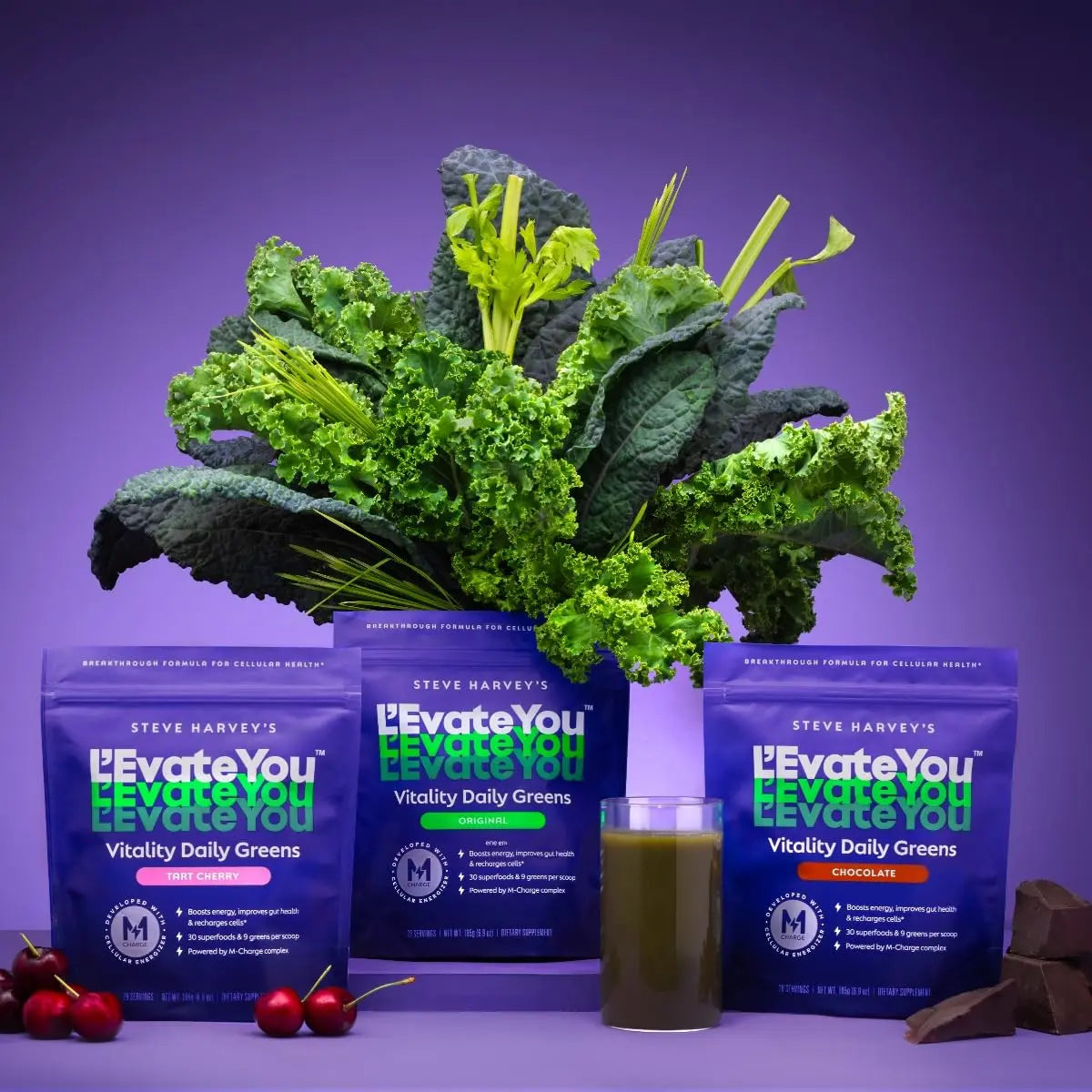 L'Evate You Vitality Daily Greens Powder (28 Servings) 30 Superfoods, 9 Greens - for a Cellular Energy Boost, Powered by M-Charge Complex for All Day Energy (Original) Steve Harvey's L'Evate Younz supplements