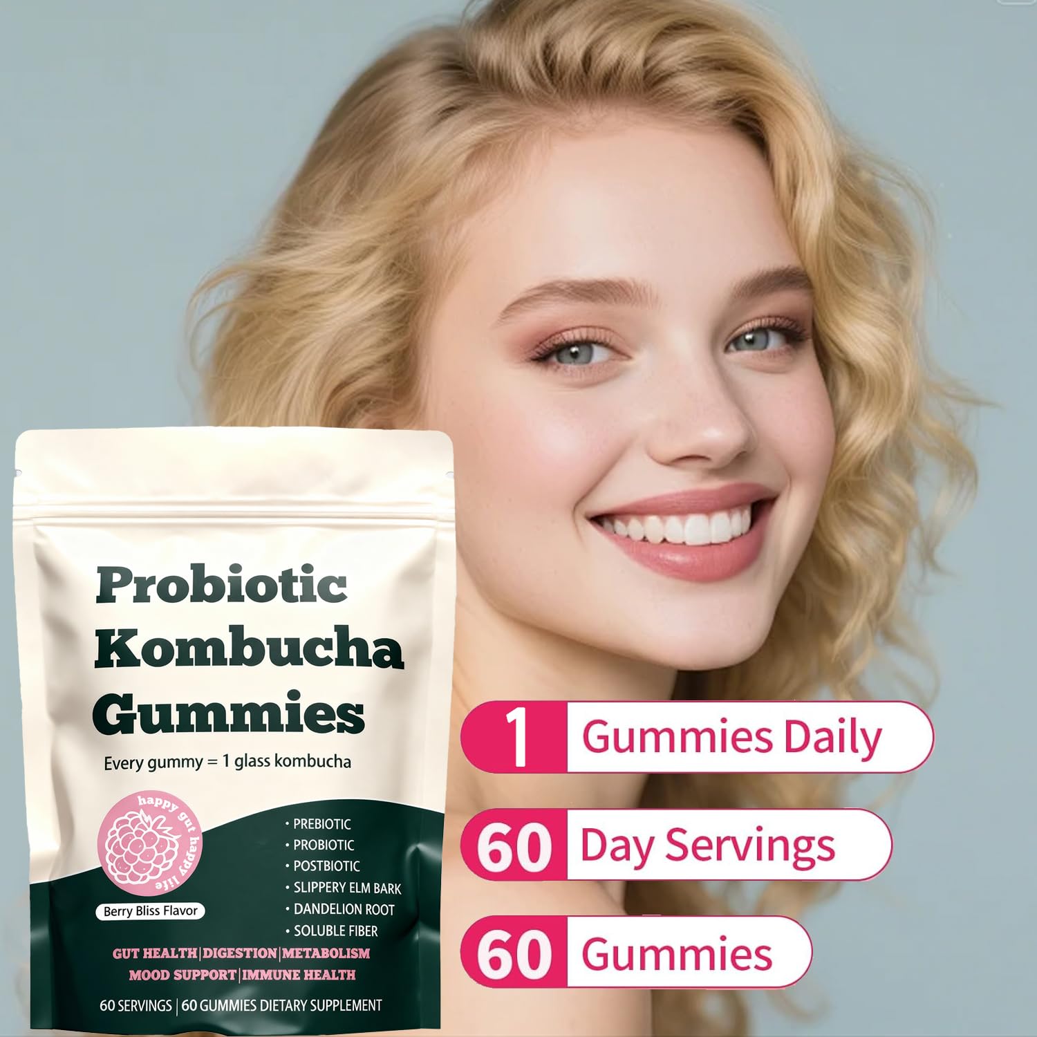 Glo Vous Probiotic Kombucha Gummies – 60 Gummies, with Prebiotics, Postbiotics & Fiber,Includes Slippery Elm, Dandelion Root & MCT Oil,Supports Digestive Health, Bloating Relief & Gut Support Glo VousAu supplements
