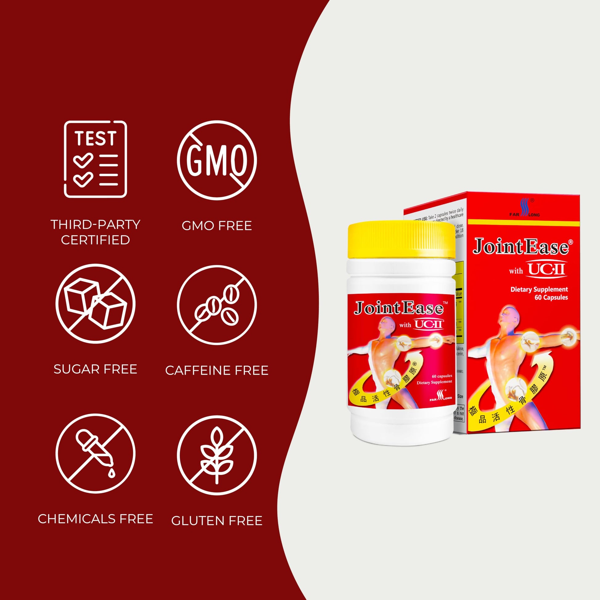 FARLONG JointEase with UC-II, Undenatured Type II Collagen, Glucosamine Hydrochloride, Chondroitin Sulfate, Joint Dietary Supplement | 60 Capsules FAR LONGAu supplements