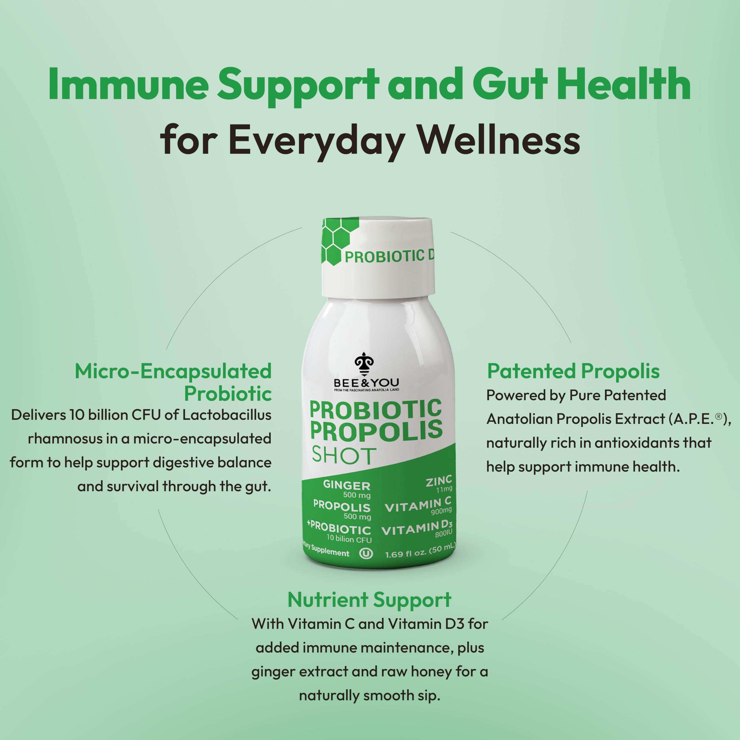 Bee and You Propolis Immune Shot, Probiotic, Vitamin C, Vitamin D3, Zinc, Ginger, Immune Support, Gut Health, Digestive Health, Bioactive 1.69 Fl. oz, 12 Pack BEE & YOUAu supplements