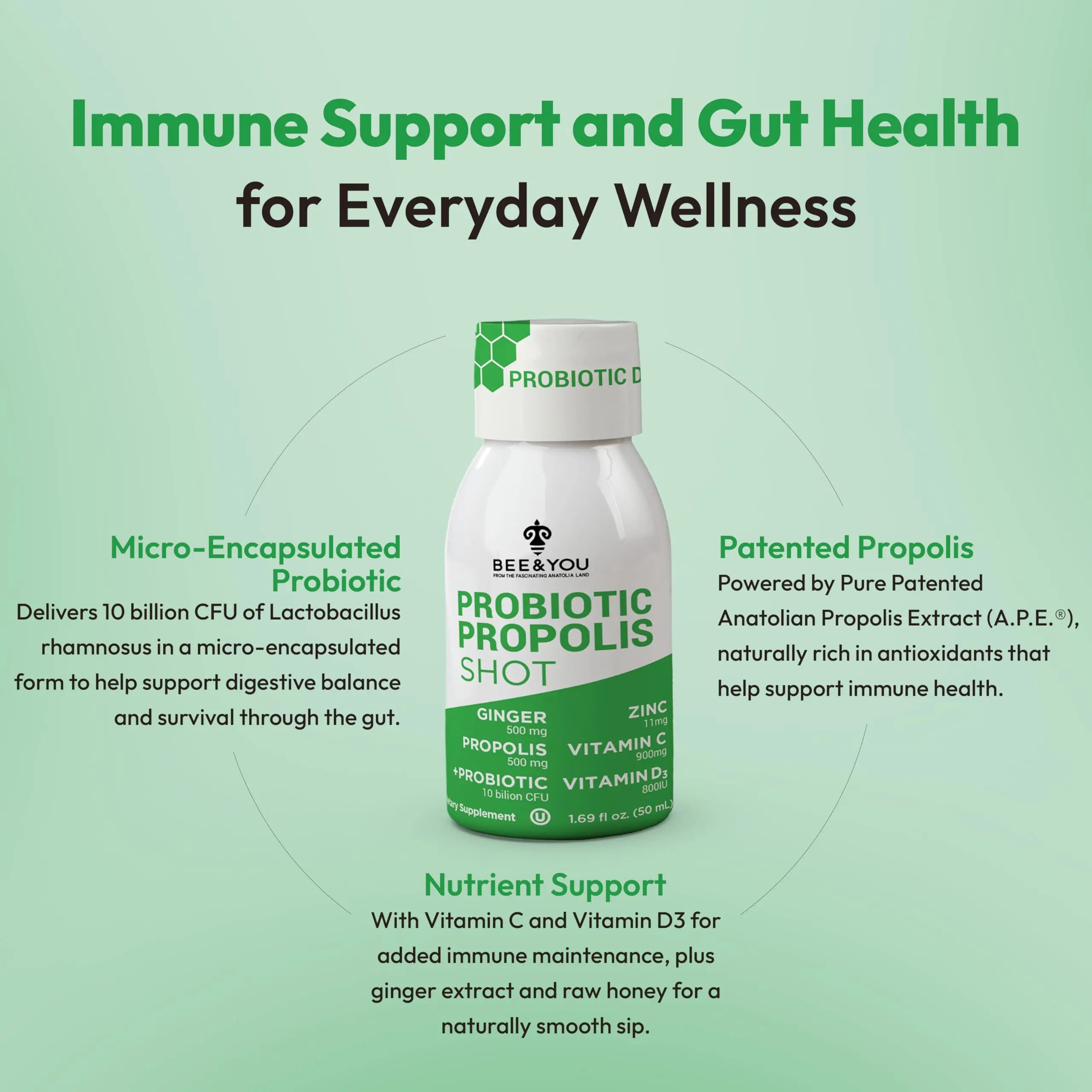 Bee and You Propolis Immune Shot, Probiotic, Vitamin C, Vitamin D3, Zinc, Ginger, Immune Support, Gut Health, Digestive Health, Bioactive 1.69 Fl. oz, 12 Pack BEE & YOUAu supplements