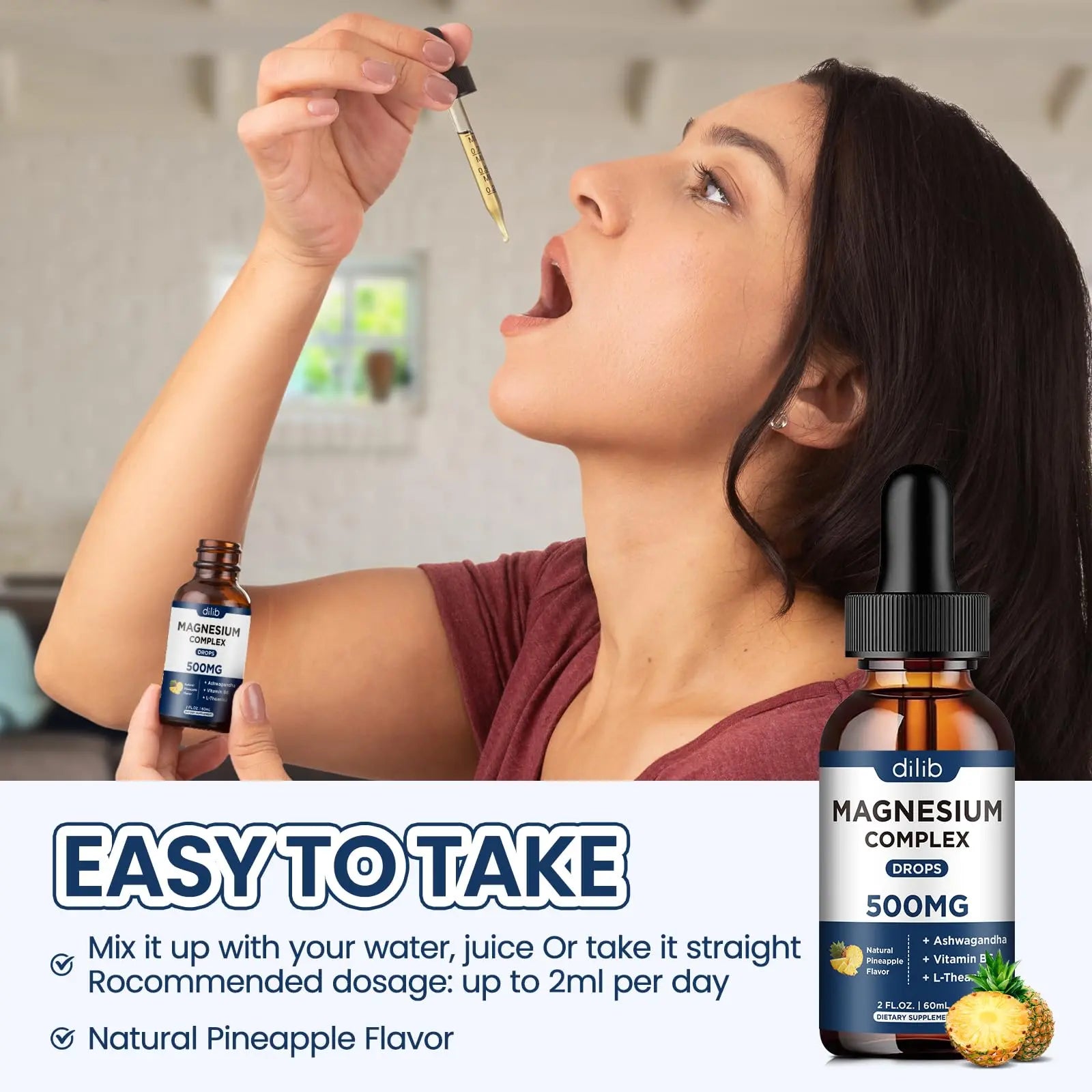 Triple Magnesium Complex Supplement-Magnesium Glycinate, Citrate, Malate Liquid Drops 500mg with Ashwagandha, L-Theanine, Vitamin B6 for Calm, Stress Relief, Sleep, Muscle Support-Pineapple Flavor dilibnz supplements